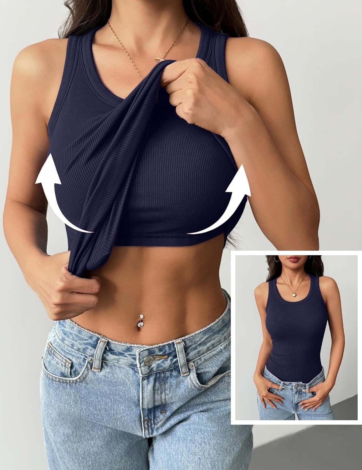 image:imageZeagoo Tank Tops with Built in Bra for Women Sleeveless Ribbed Summer TopsNavy Blue