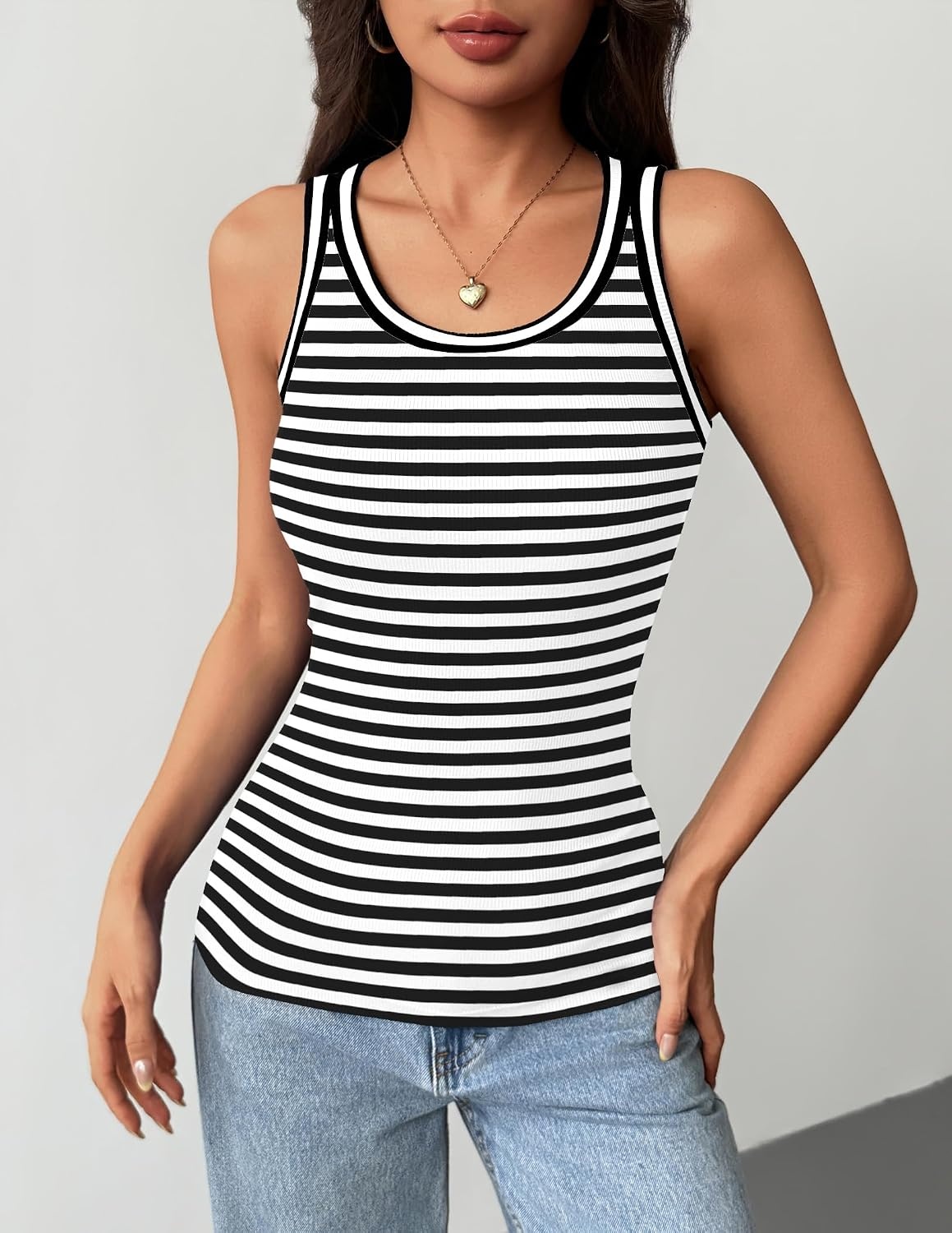 image:imageZeagoo Tank Tops with Built in Bra for Women Sleeveless Ribbed Summer TopsStripe Black White