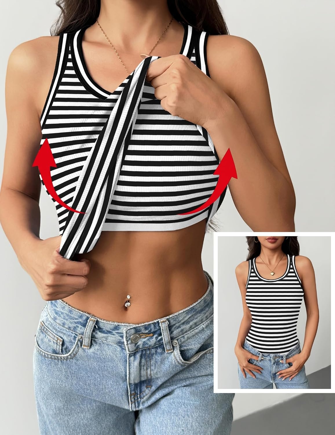 image:imageZeagoo Tank Tops with Built in Bra for Women Sleeveless Ribbed Summer TopsStripe Black White