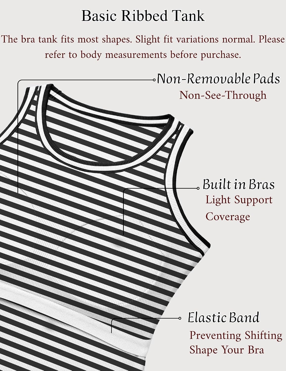 image:imageZeagoo Tank Tops with Built in Bra for Women Sleeveless Ribbed Summer TopsStripe Black White