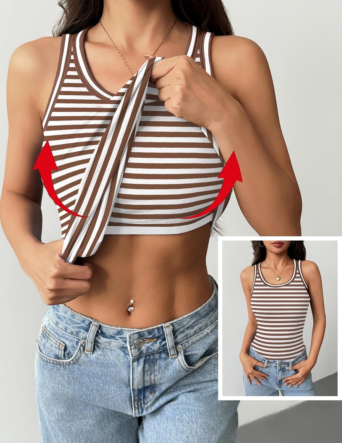 image:imageZeagoo Tank Tops with Built in Bra for Women Sleeveless Ribbed Summer TopsStripe Brown White