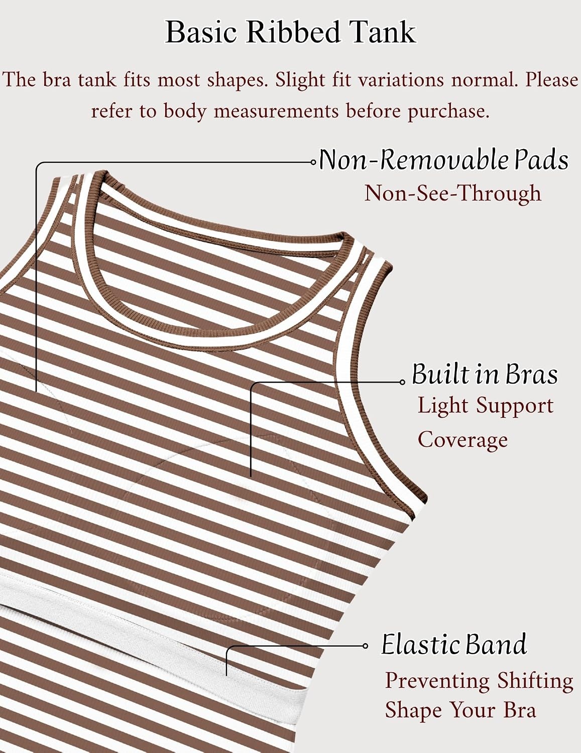 image:imageZeagoo Tank Tops with Built in Bra for Women Sleeveless Ribbed Summer TopsStripe Brown White