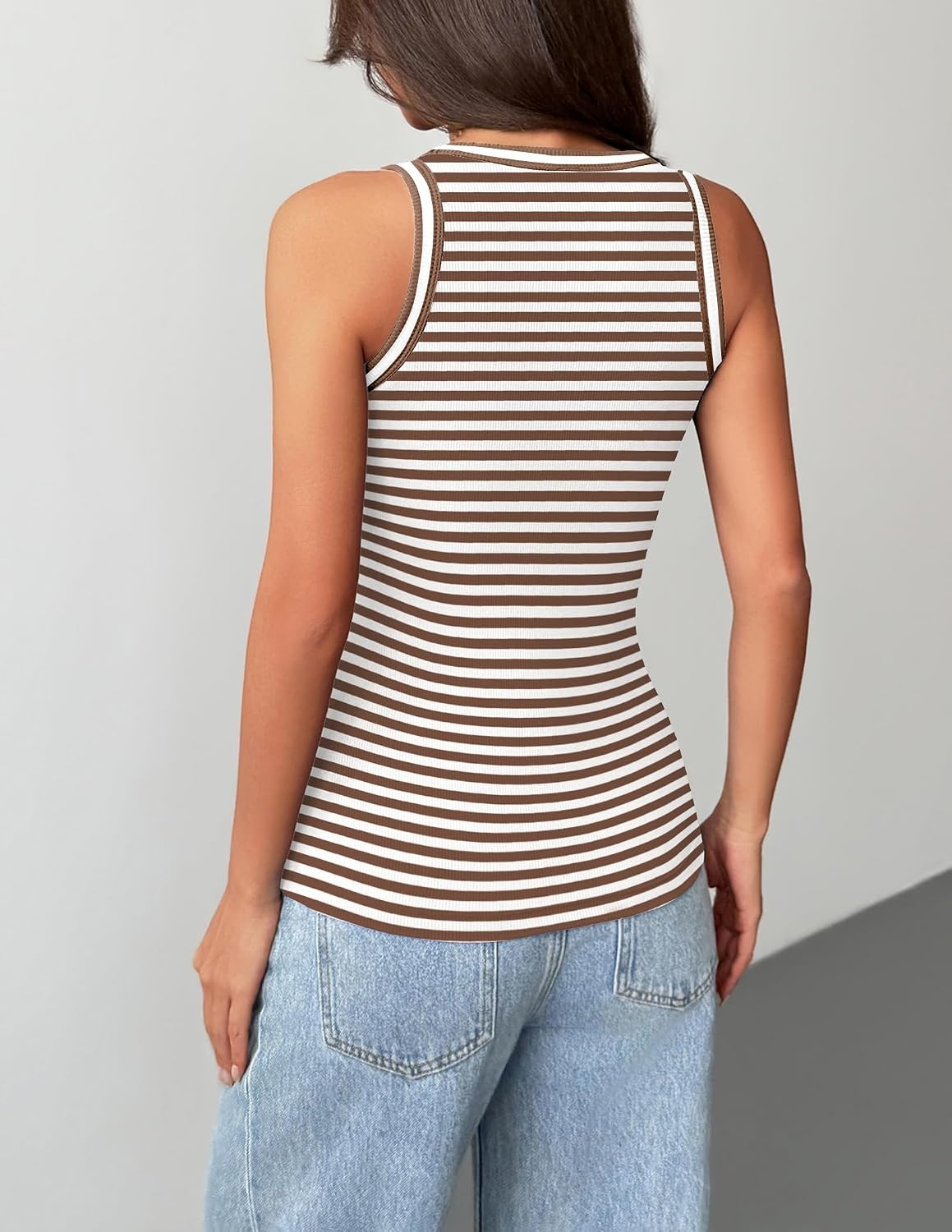 image:imageZeagoo Tank Tops with Built in Bra for Women Sleeveless Ribbed Summer TopsStripe Brown White