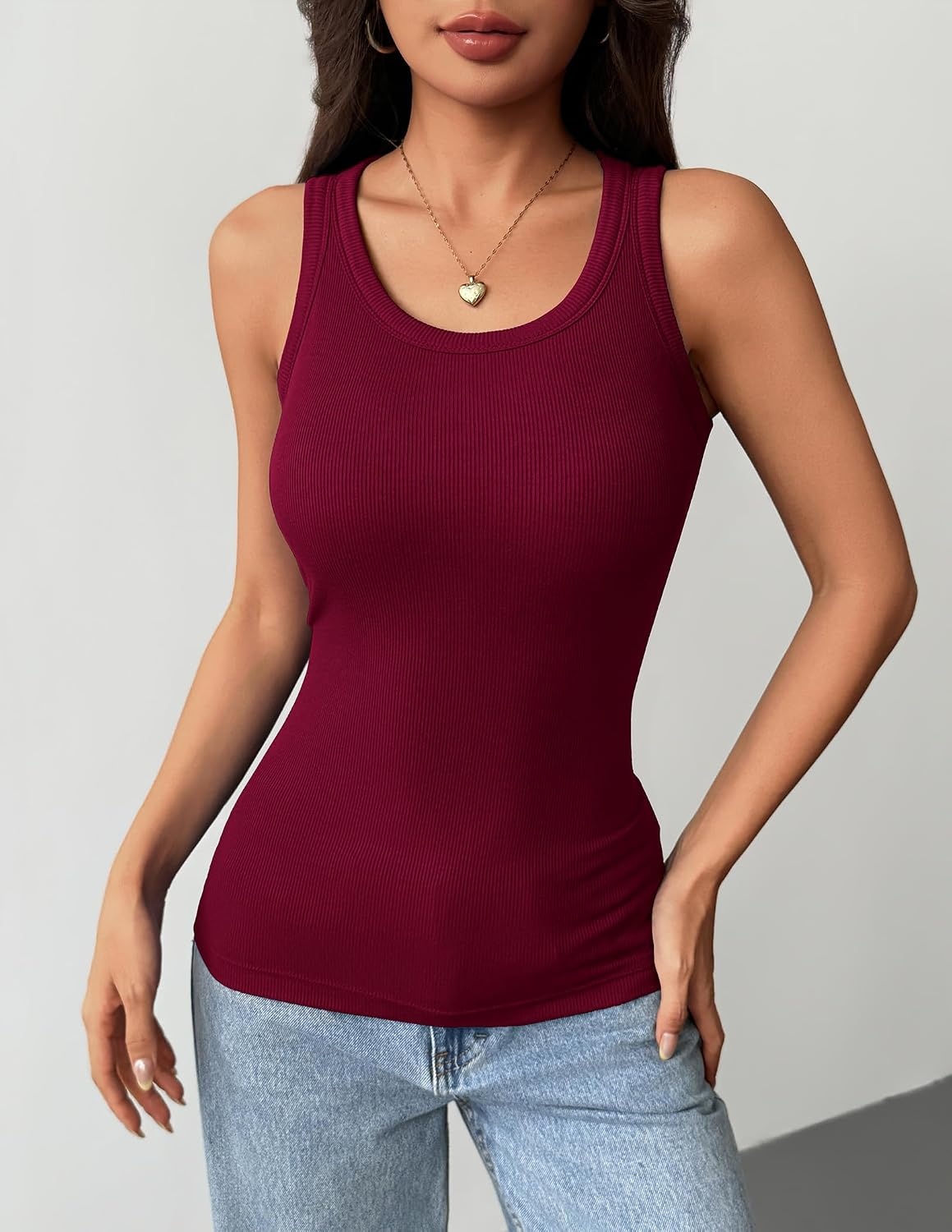 image:imageZeagoo Tank Tops with Built in Bra for Women Sleeveless Ribbed Summer TopsWine Red