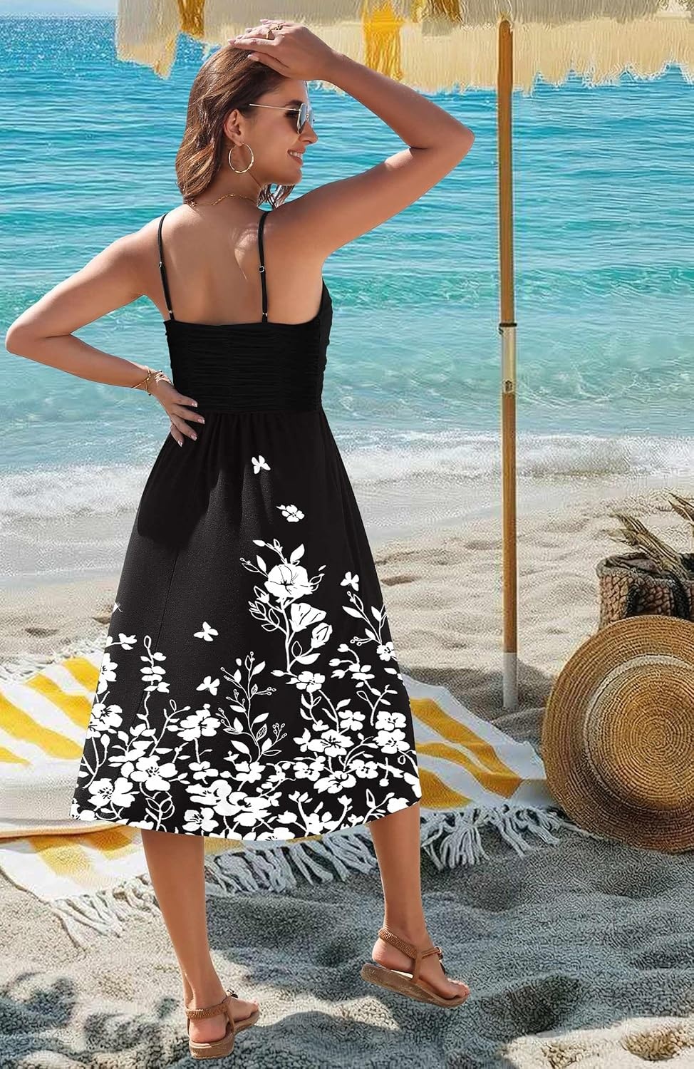 image:imageZeagoo Women 2026 Summer Adjustable Spaghetti Strap Sundress Casual Ruched Floral V Neck Midi Flowy Beach Dress with PocketsBlack Floral