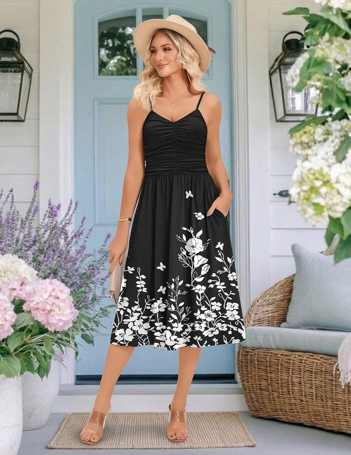 image:imageZeagoo Women 2026 Summer Adjustable Spaghetti Strap Sundress Casual Ruched Floral V Neck Midi Flowy Beach Dress with PocketsBlack Floral