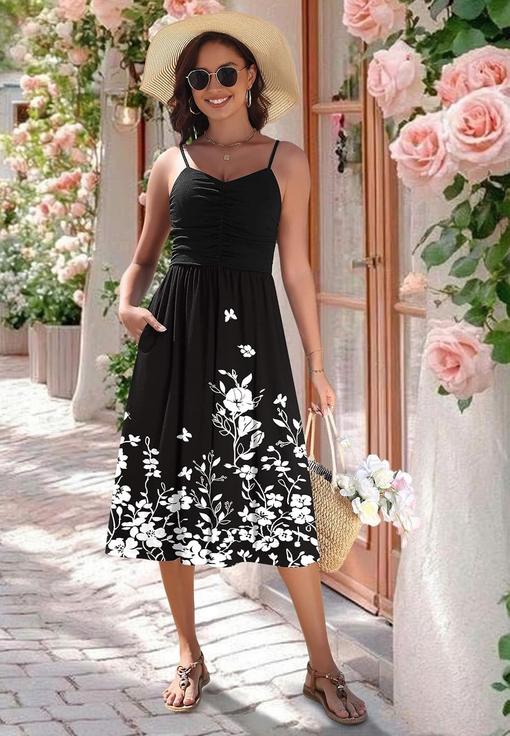 image:imageZeagoo Women 2026 Summer Adjustable Spaghetti Strap Sundress Casual Ruched Floral V Neck Midi Flowy Beach Dress with PocketsBlack Floral