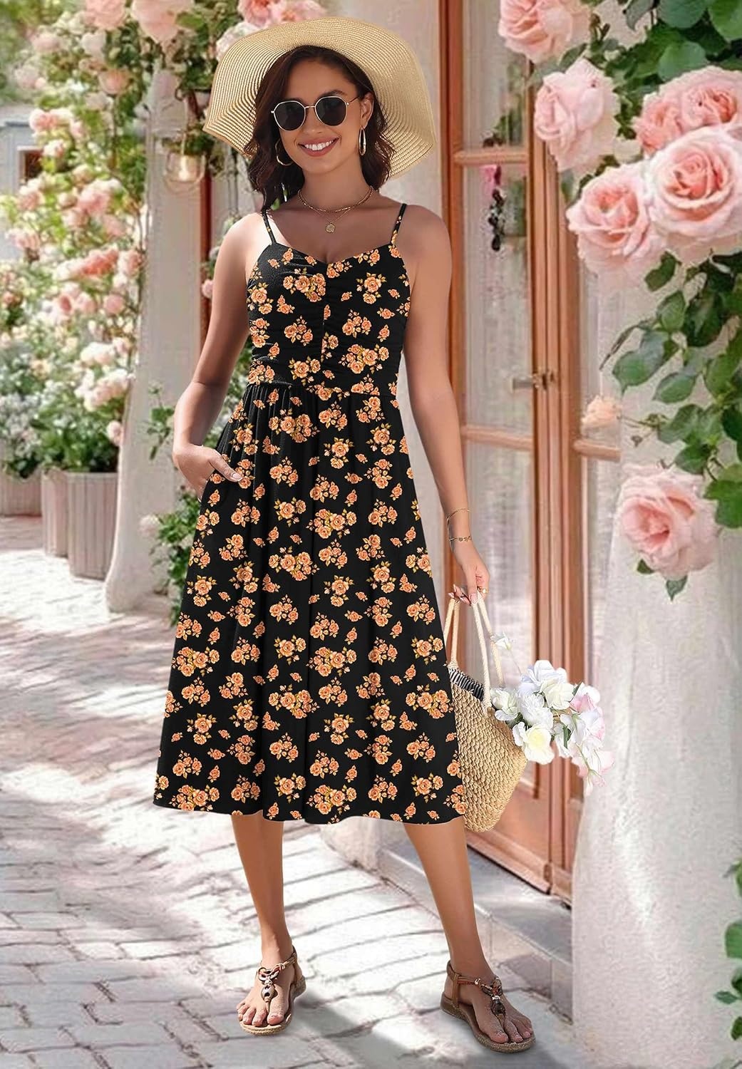 image:imageZeagoo Women 2026 Summer Adjustable Spaghetti Strap Sundress Casual Ruched Floral V Neck Midi Flowy Beach Dress with PocketsBlack Orange Floral