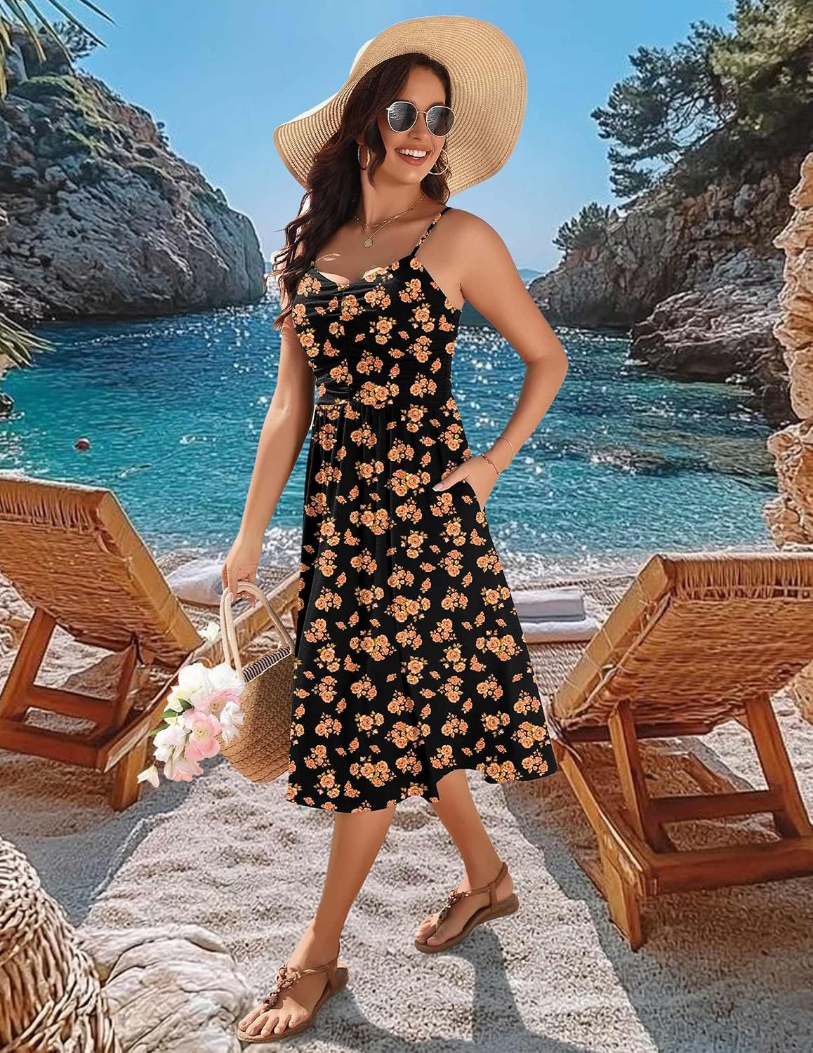 image:imageZeagoo Women 2026 Summer Adjustable Spaghetti Strap Sundress Casual Ruched Floral V Neck Midi Flowy Beach Dress with PocketsBlack Orange Floral