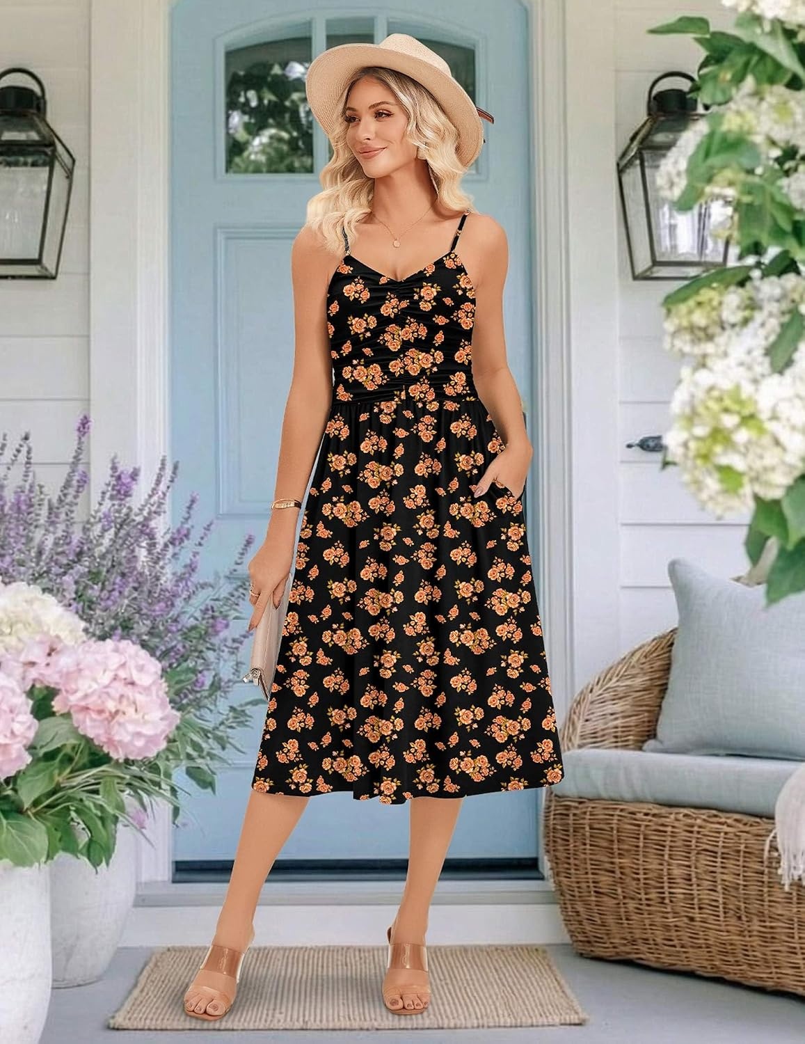 image:imageZeagoo Women 2026 Summer Adjustable Spaghetti Strap Sundress Casual Ruched Floral V Neck Midi Flowy Beach Dress with PocketsBlack Orange Floral