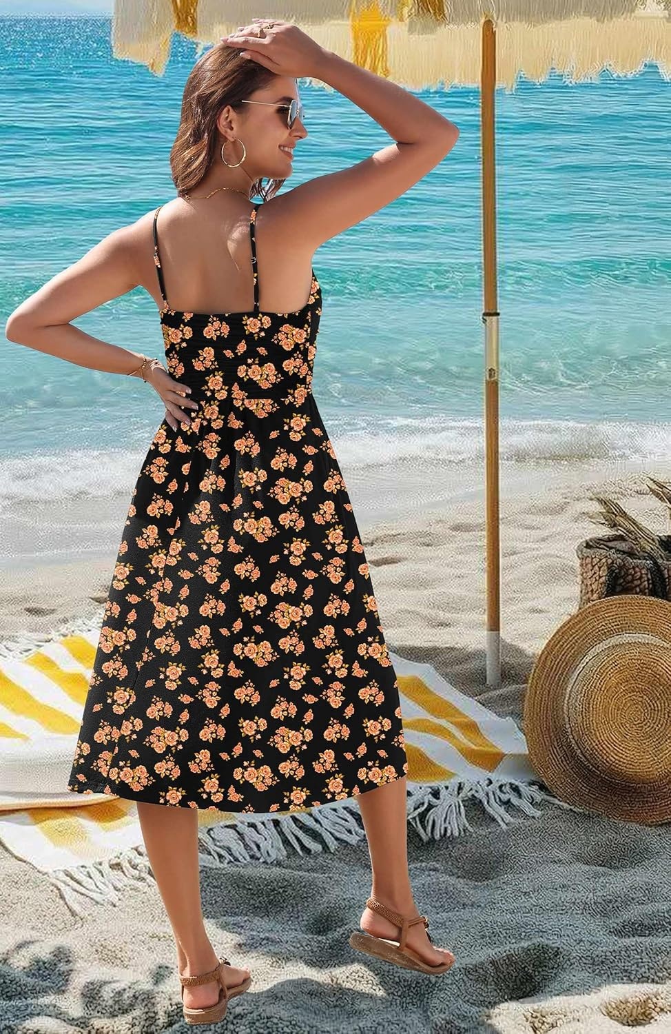 image:imageZeagoo Women 2026 Summer Adjustable Spaghetti Strap Sundress Casual Ruched Floral V Neck Midi Flowy Beach Dress with PocketsBlack Orange Floral