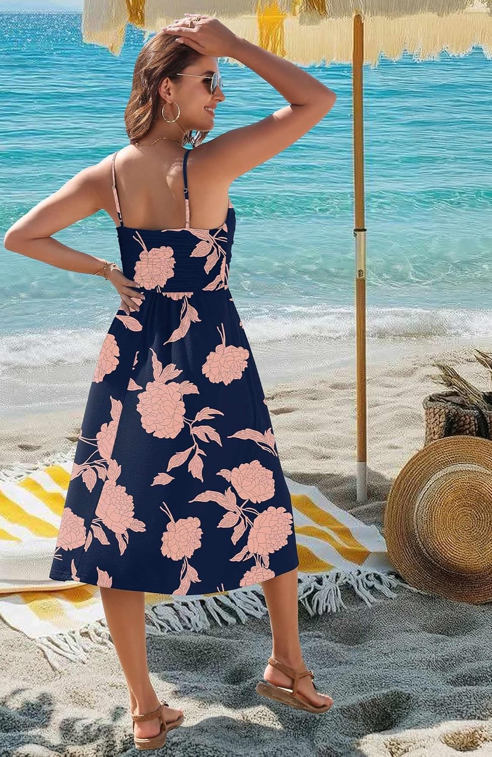 image:imageZeagoo Women 2026 Summer Adjustable Spaghetti Strap Sundress Casual Ruched Floral V Neck Midi Flowy Beach Dress with PocketsBlack Pink Floral