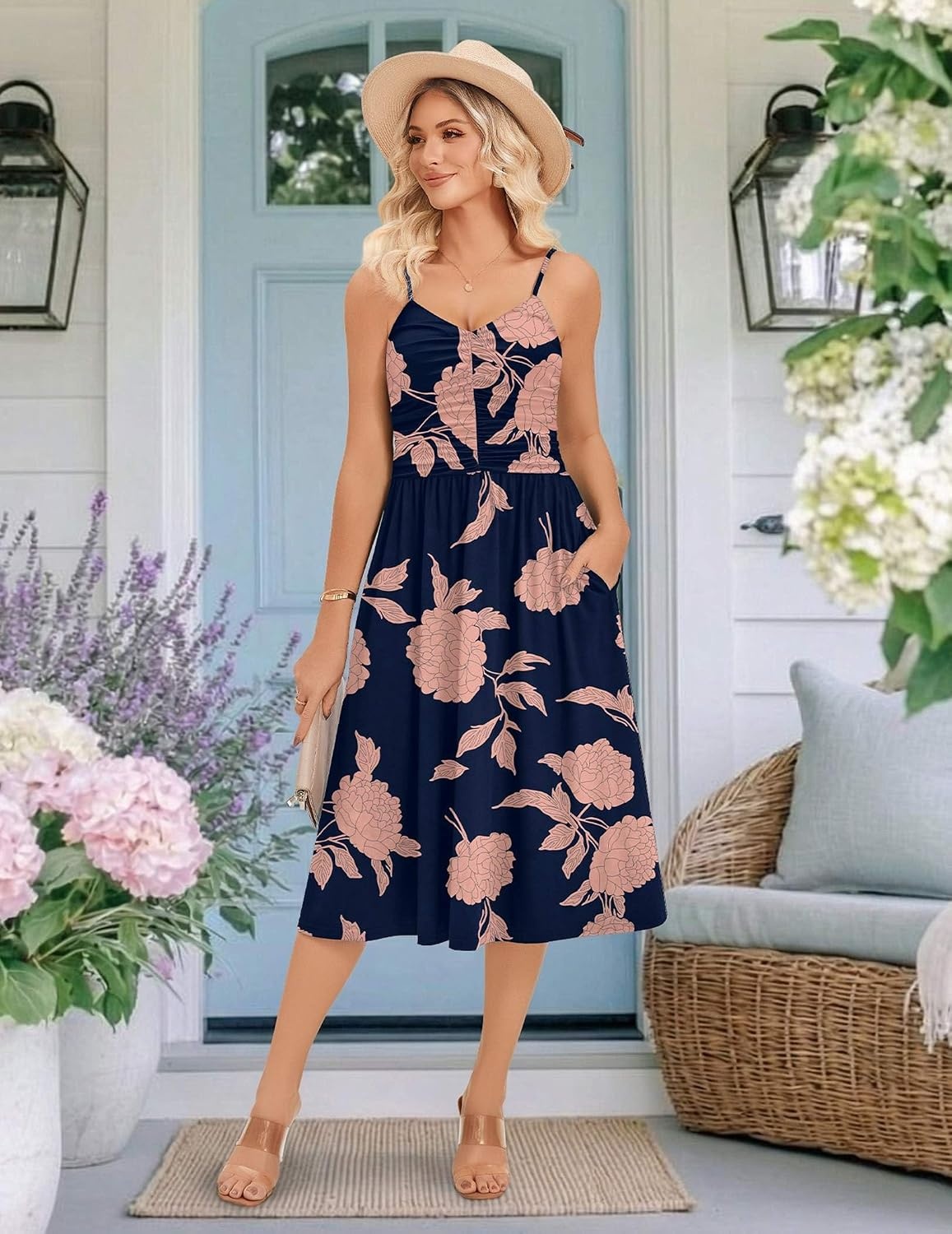 image:imageZeagoo Women 2026 Summer Adjustable Spaghetti Strap Sundress Casual Ruched Floral V Neck Midi Flowy Beach Dress with PocketsBlack Pink Floral