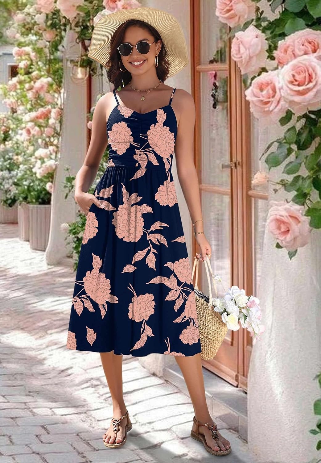 image:imageZeagoo Women 2026 Summer Adjustable Spaghetti Strap Sundress Casual Ruched Floral V Neck Midi Flowy Beach Dress with PocketsBlack Pink Floral
