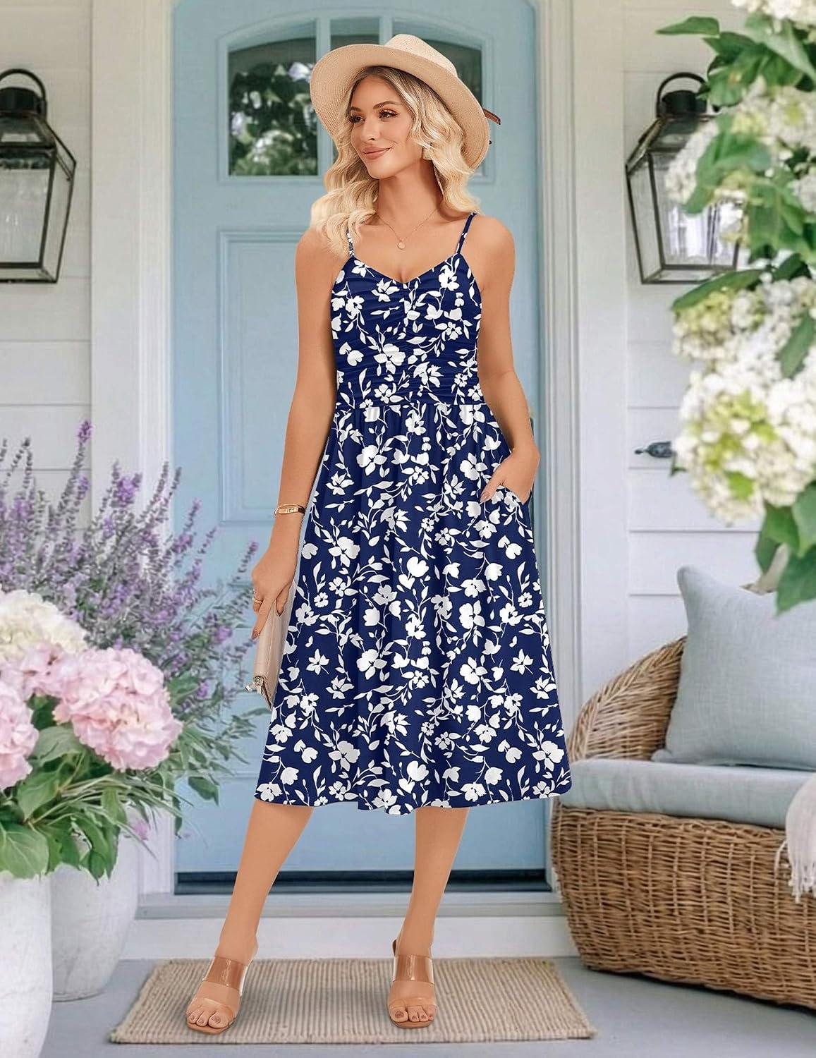 image:imageZeagoo Women 2026 Summer Adjustable Spaghetti Strap Sundress Casual Ruched Floral V Neck Midi Flowy Beach Dress with PocketsBlue White Floral