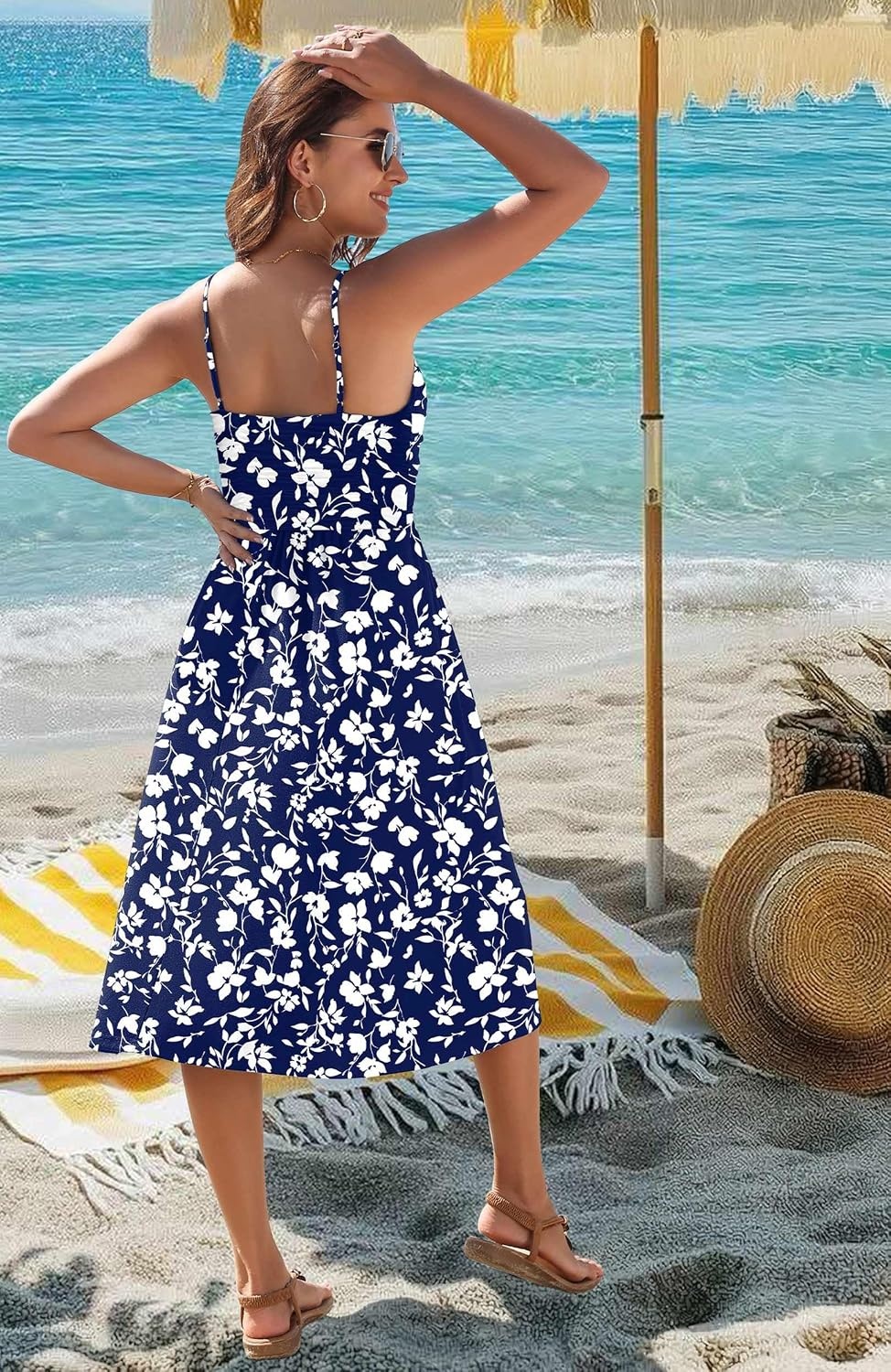 image:imageZeagoo Women 2026 Summer Adjustable Spaghetti Strap Sundress Casual Ruched Floral V Neck Midi Flowy Beach Dress with PocketsBlue White Floral