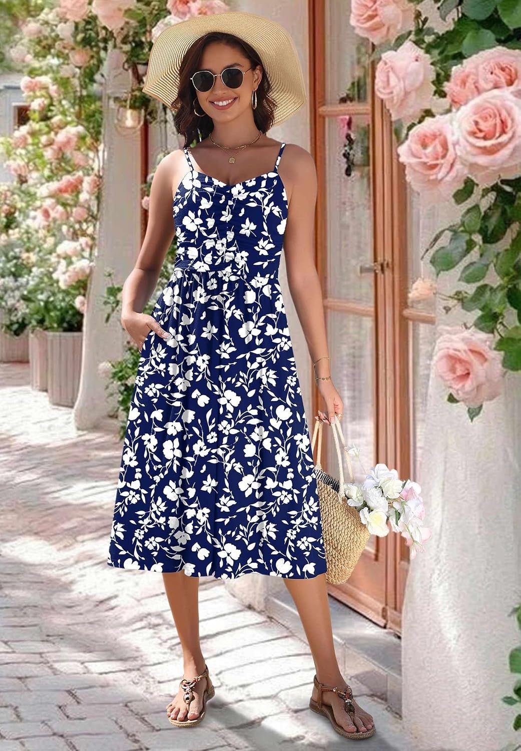 image:imageZeagoo Women 2026 Summer Adjustable Spaghetti Strap Sundress Casual Ruched Floral V Neck Midi Flowy Beach Dress with PocketsBlue White Floral