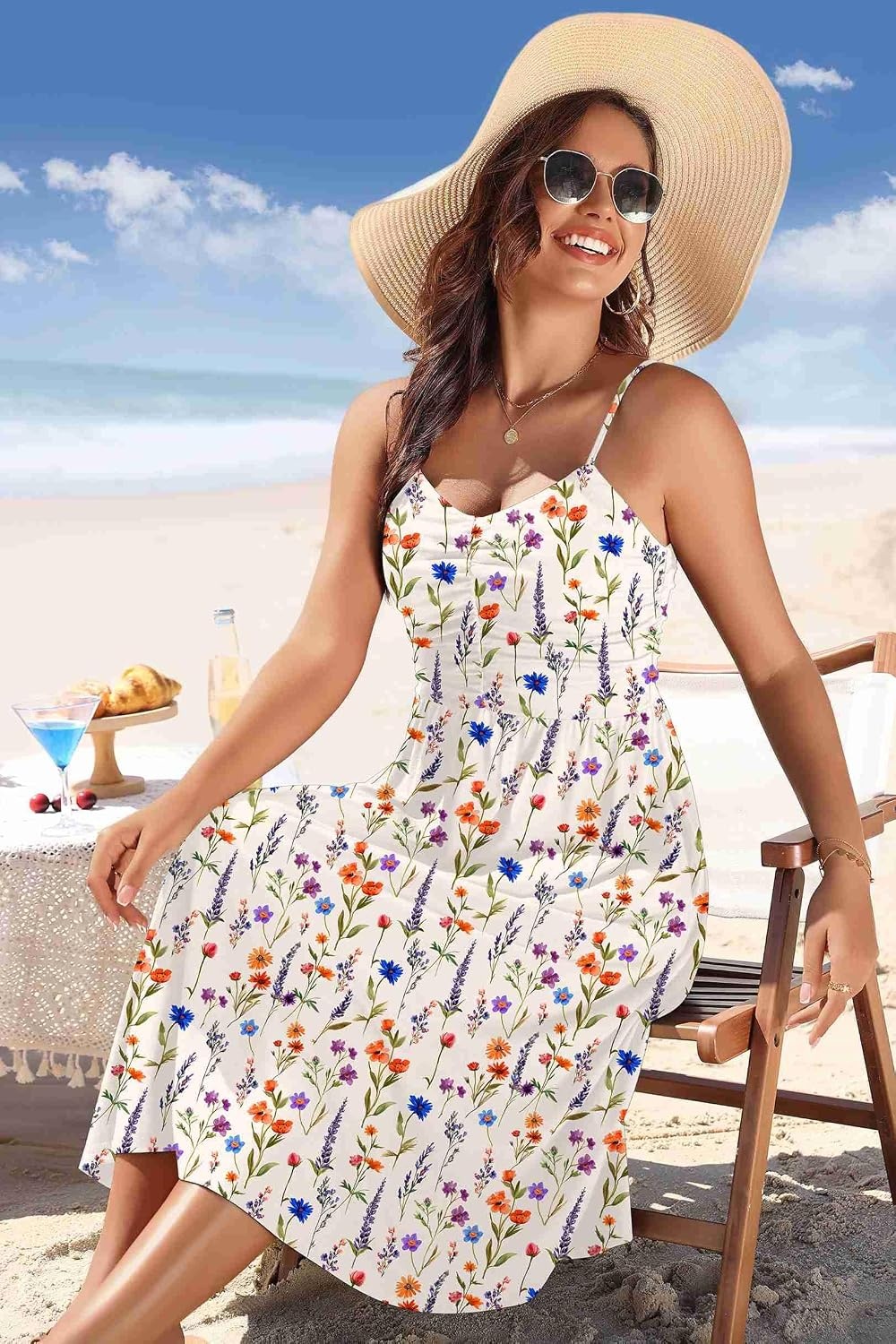 image:imageZeagoo Women 2026 Summer Adjustable Spaghetti Strap Sundress Casual Ruched Floral V Neck Midi Flowy Beach Dress with PocketsColorful Floral