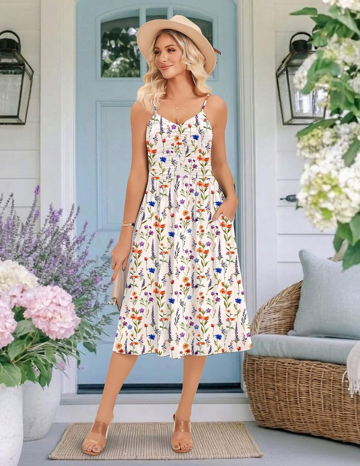 image:imageZeagoo Women 2026 Summer Adjustable Spaghetti Strap Sundress Casual Ruched Floral V Neck Midi Flowy Beach Dress with PocketsColorful Floral