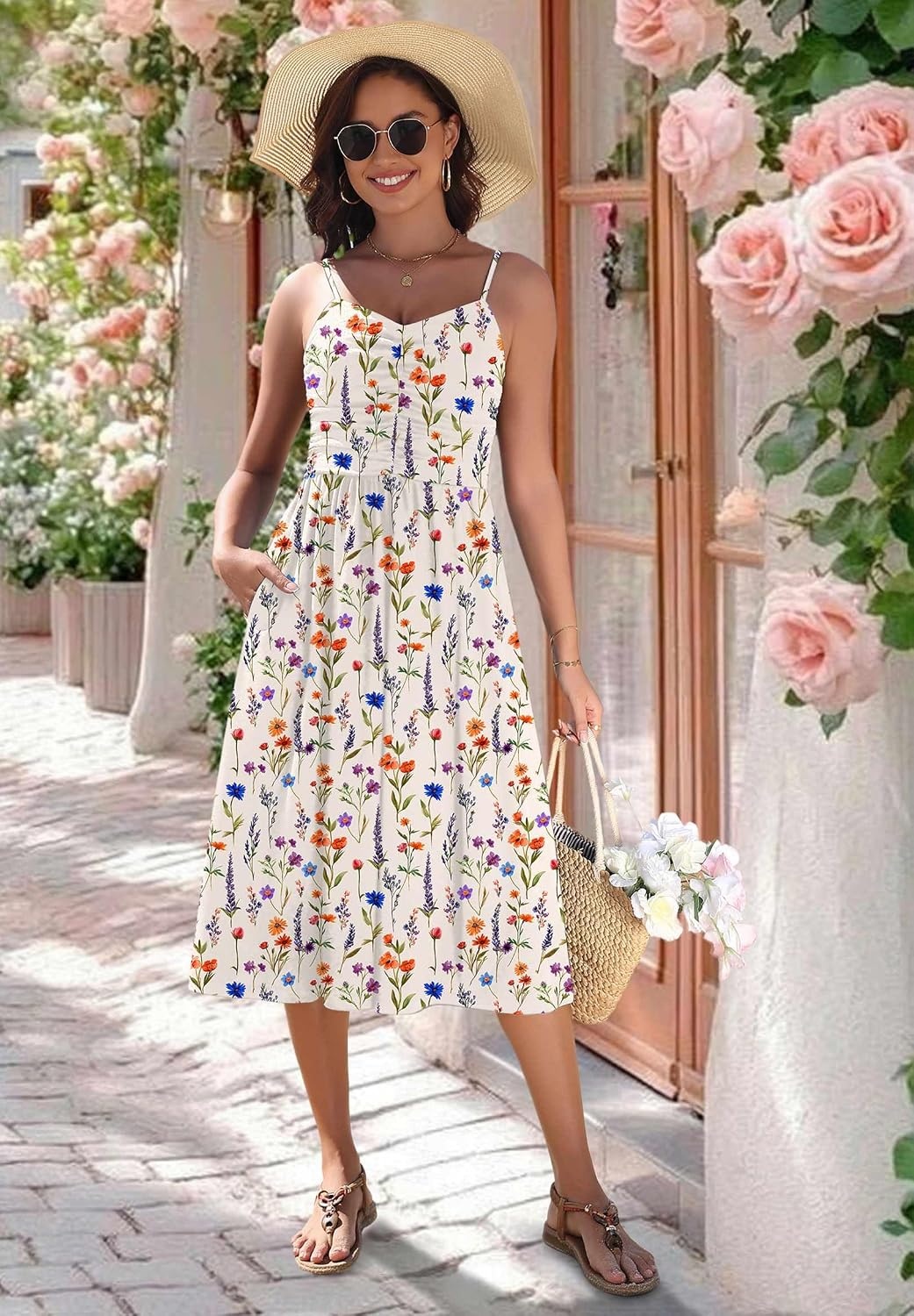 image:imageZeagoo Women 2026 Summer Adjustable Spaghetti Strap Sundress Casual Ruched Floral V Neck Midi Flowy Beach Dress with PocketsColorful Floral