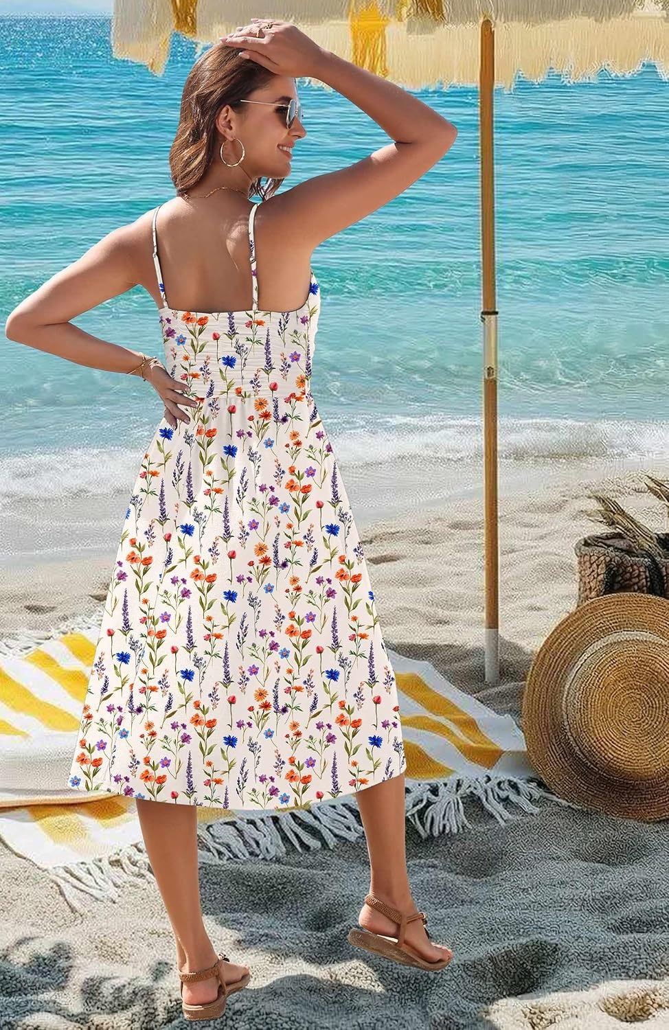 image:imageZeagoo Women 2026 Summer Adjustable Spaghetti Strap Sundress Casual Ruched Floral V Neck Midi Flowy Beach Dress with PocketsColorful Floral