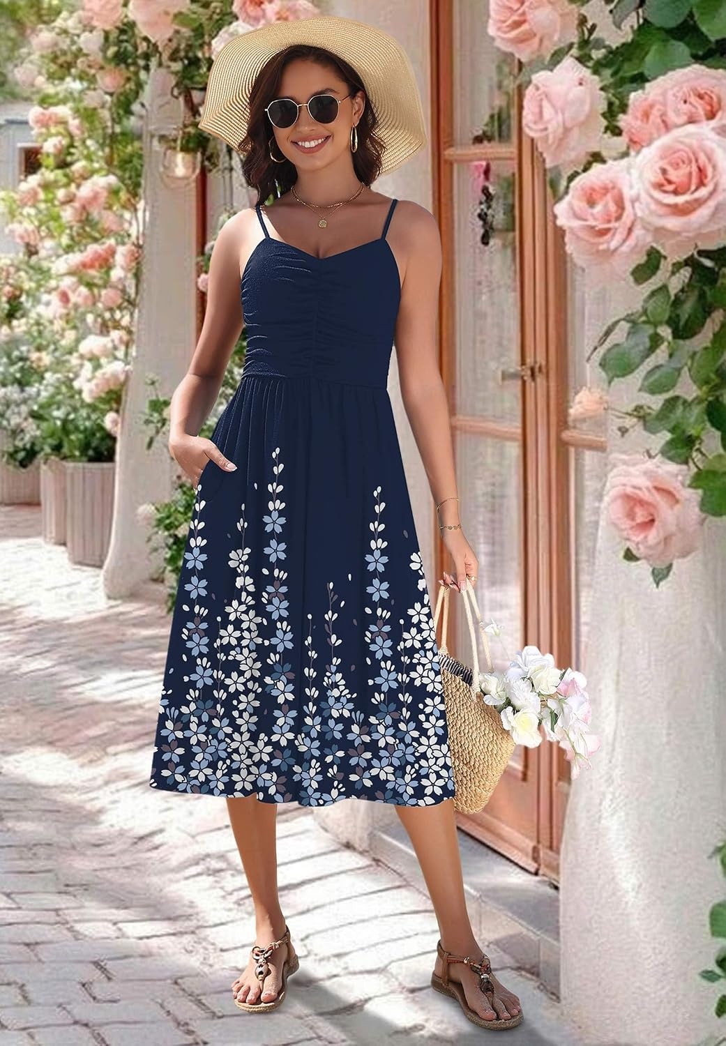 image:imageZeagoo Women 2026 Summer Adjustable Spaghetti Strap Sundress Casual Ruched Floral V Neck Midi Flowy Beach Dress with PocketsNavy Blue Floral