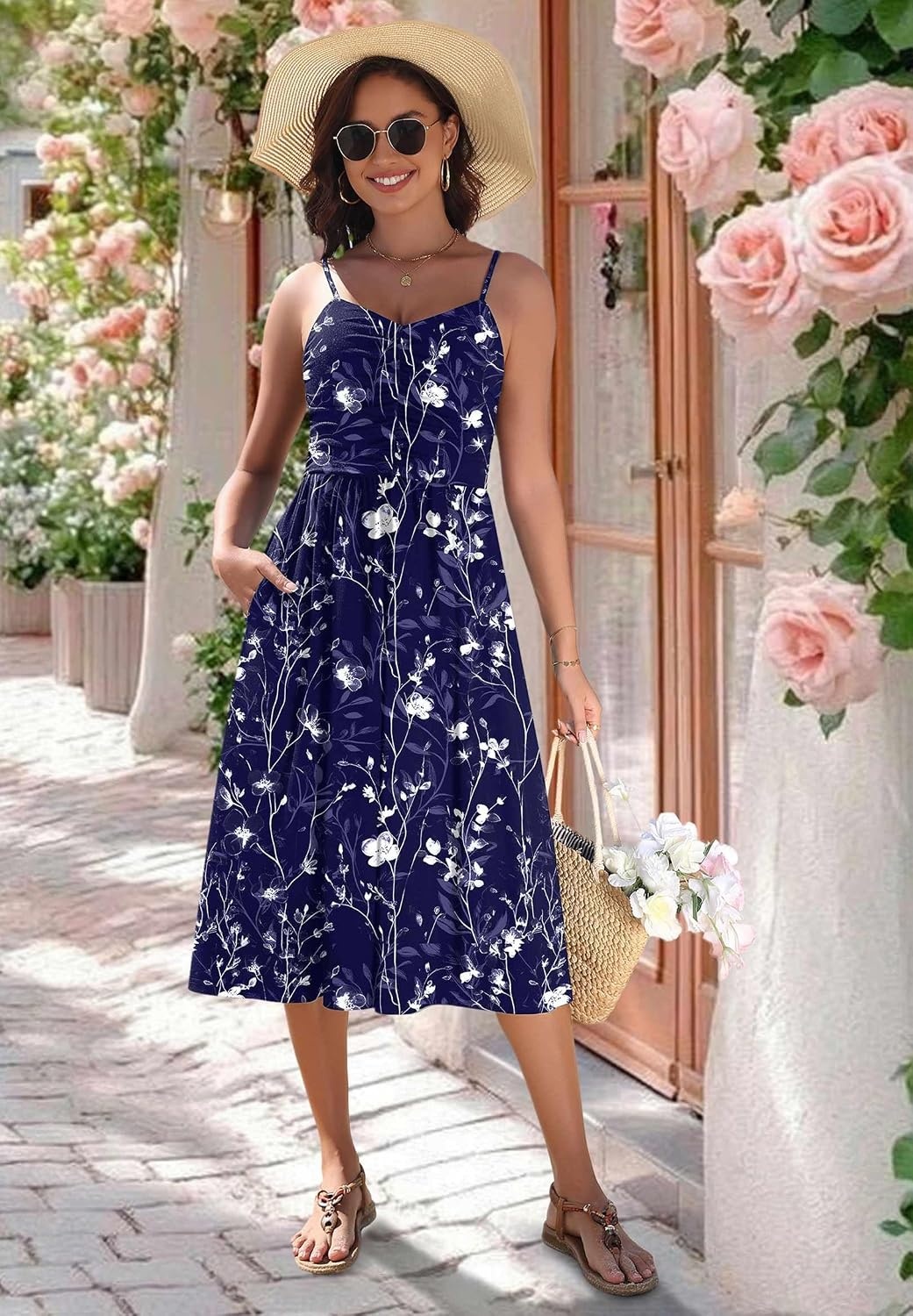 image:imageZeagoo Women 2026 Summer Adjustable Spaghetti Strap Sundress Casual Ruched Floral V Neck Midi Flowy Beach Dress with PocketsNavy Floral