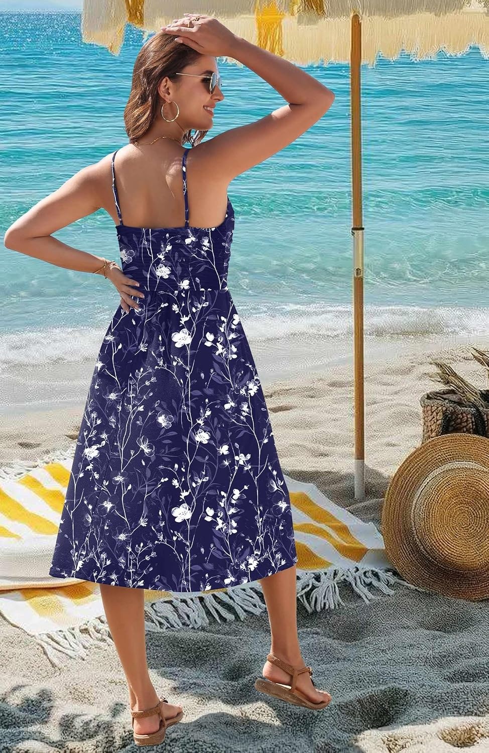 image:imageZeagoo Women 2026 Summer Adjustable Spaghetti Strap Sundress Casual Ruched Floral V Neck Midi Flowy Beach Dress with PocketsNavy Floral