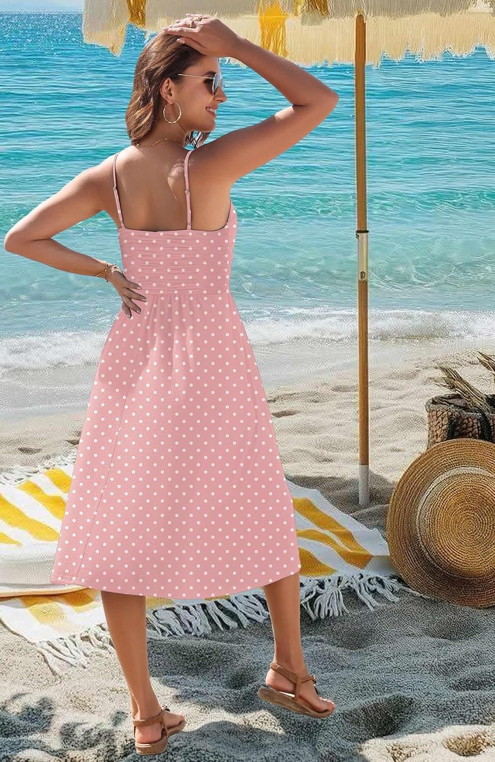 image:imageZeagoo Women 2026 Summer Adjustable Spaghetti Strap Sundress Casual Ruched Floral V Neck Midi Flowy Beach Dress with PocketsPink Polka Dots
