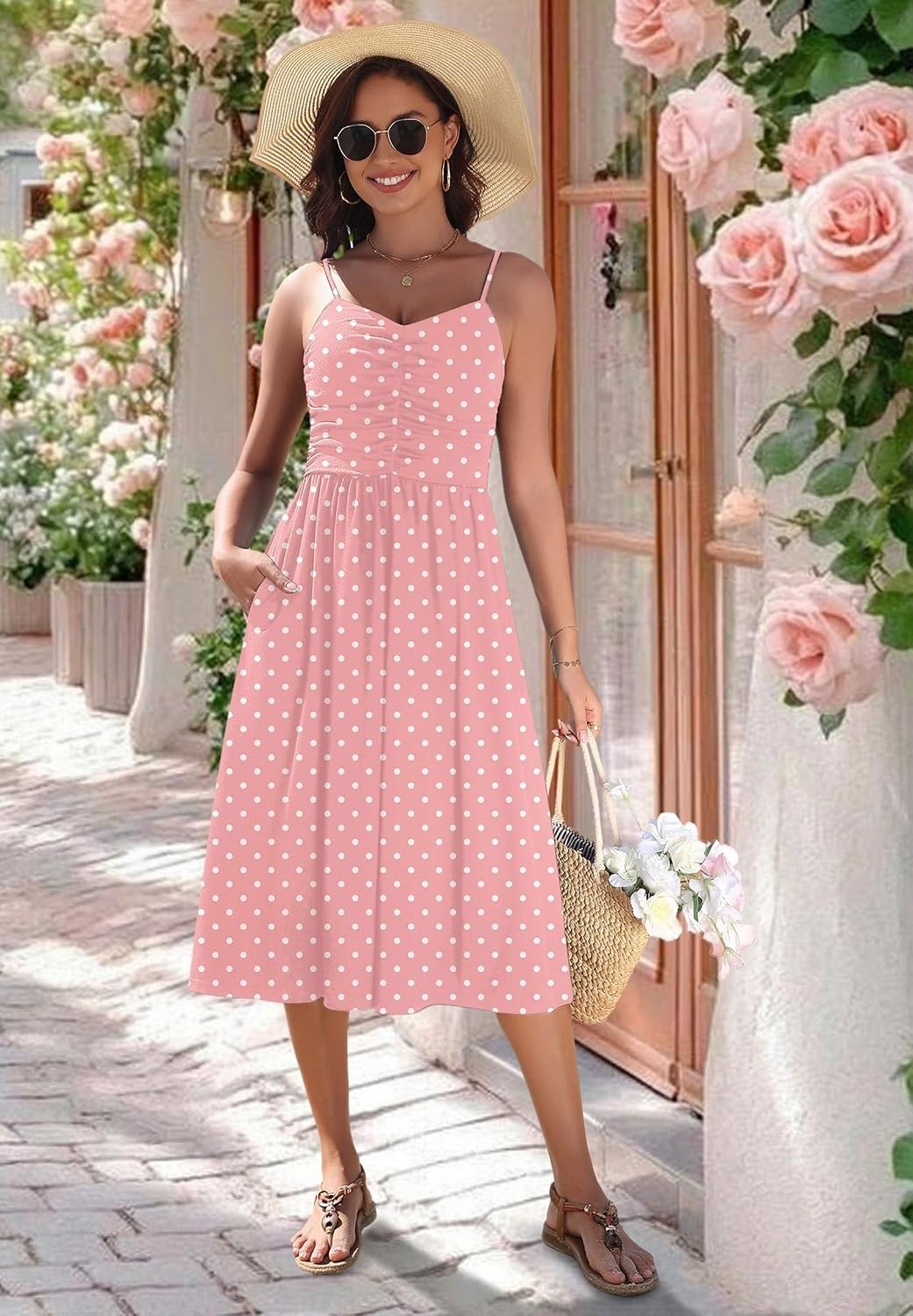 image:imageZeagoo Women 2026 Summer Adjustable Spaghetti Strap Sundress Casual Ruched Floral V Neck Midi Flowy Beach Dress with PocketsPink Polka Dots