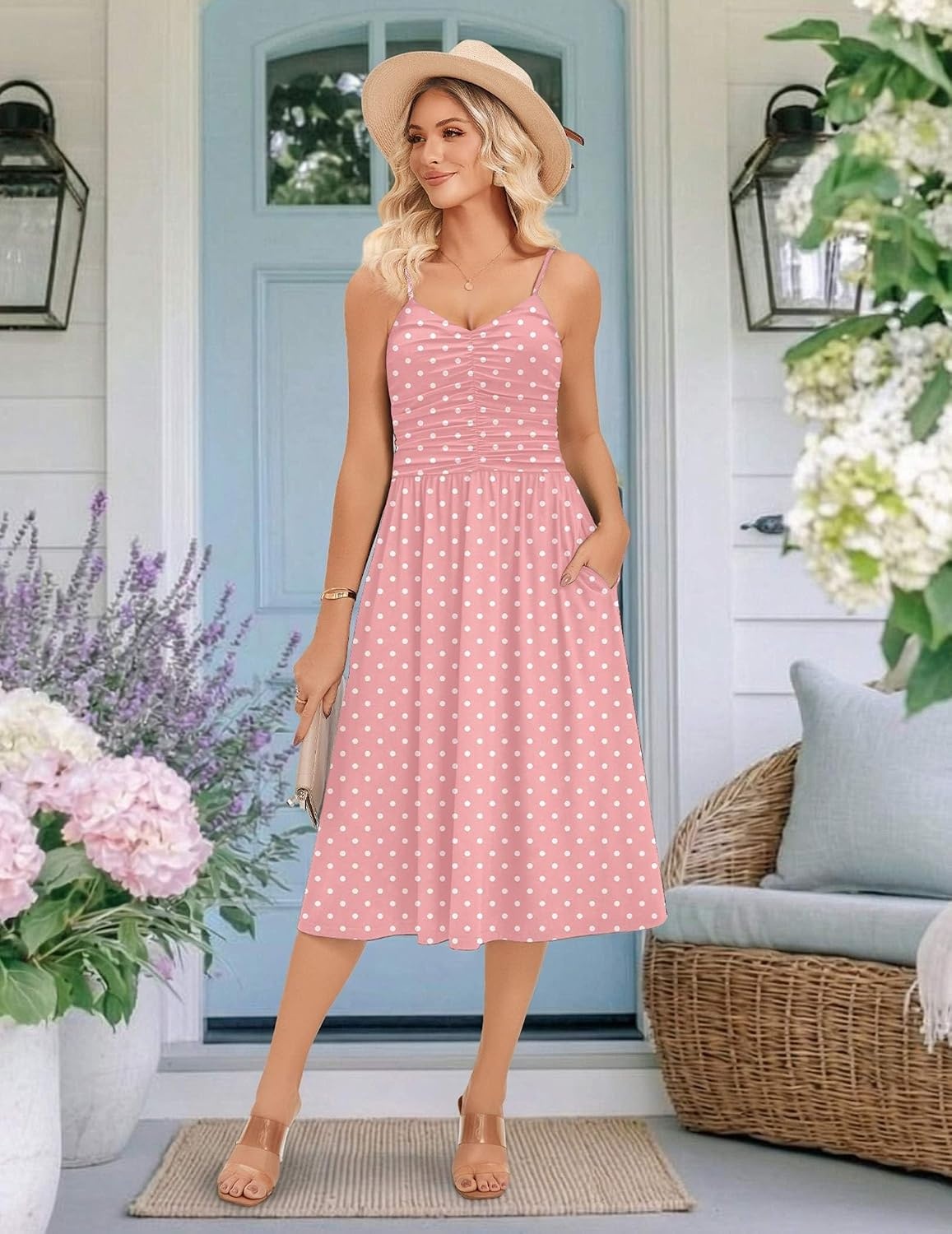 image:imageZeagoo Women 2026 Summer Adjustable Spaghetti Strap Sundress Casual Ruched Floral V Neck Midi Flowy Beach Dress with PocketsPink Polka Dots