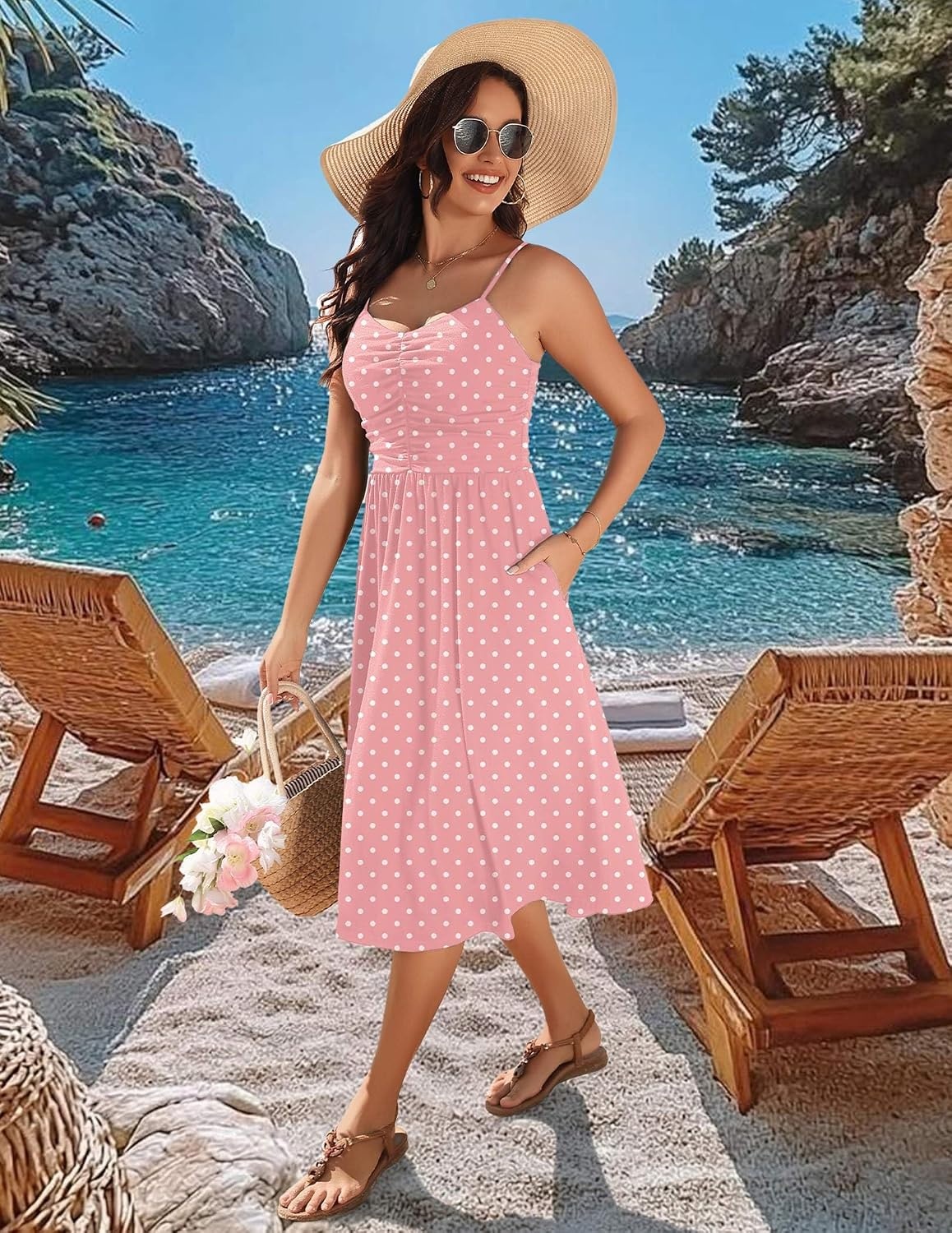 image:imageZeagoo Women 2026 Summer Adjustable Spaghetti Strap Sundress Casual Ruched Floral V Neck Midi Flowy Beach Dress with PocketsPink Polka Dots