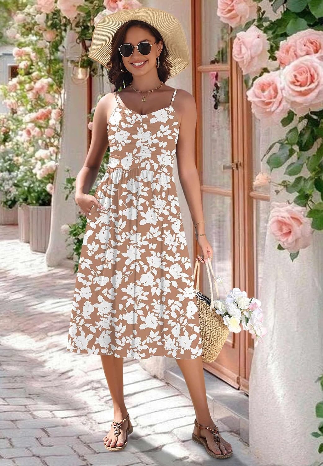 image:imageZeagoo Women 2026 Summer Adjustable Spaghetti Strap Sundress Casual Ruched Floral V Neck Midi Flowy Beach Dress with PocketsPink White Floral