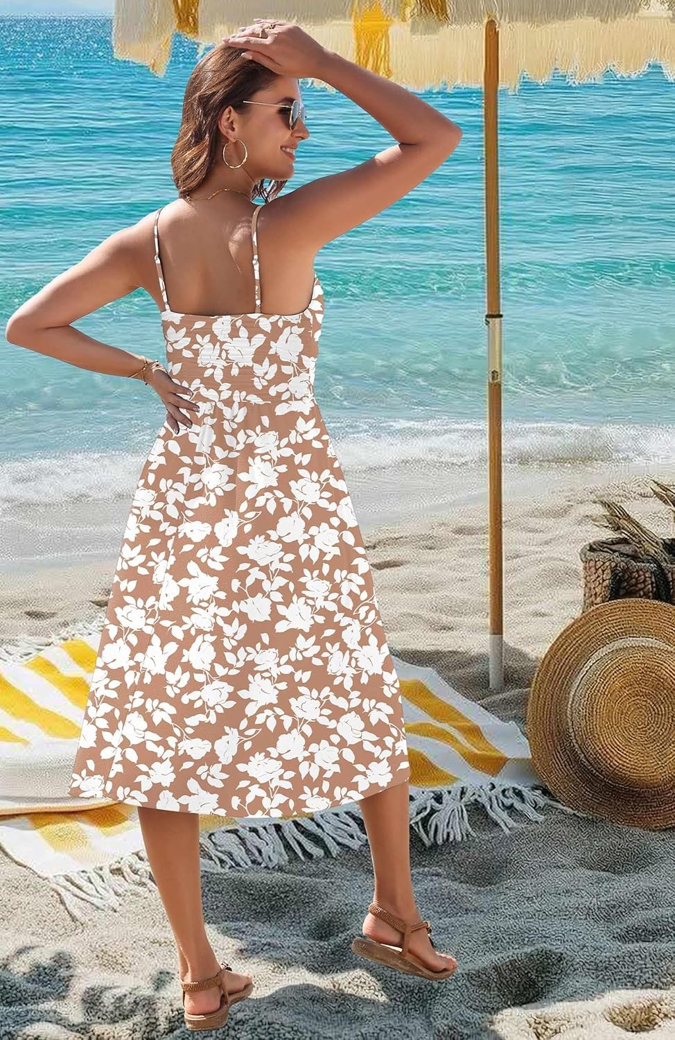 image:imageZeagoo Women 2026 Summer Adjustable Spaghetti Strap Sundress Casual Ruched Floral V Neck Midi Flowy Beach Dress with PocketsPink White Floral