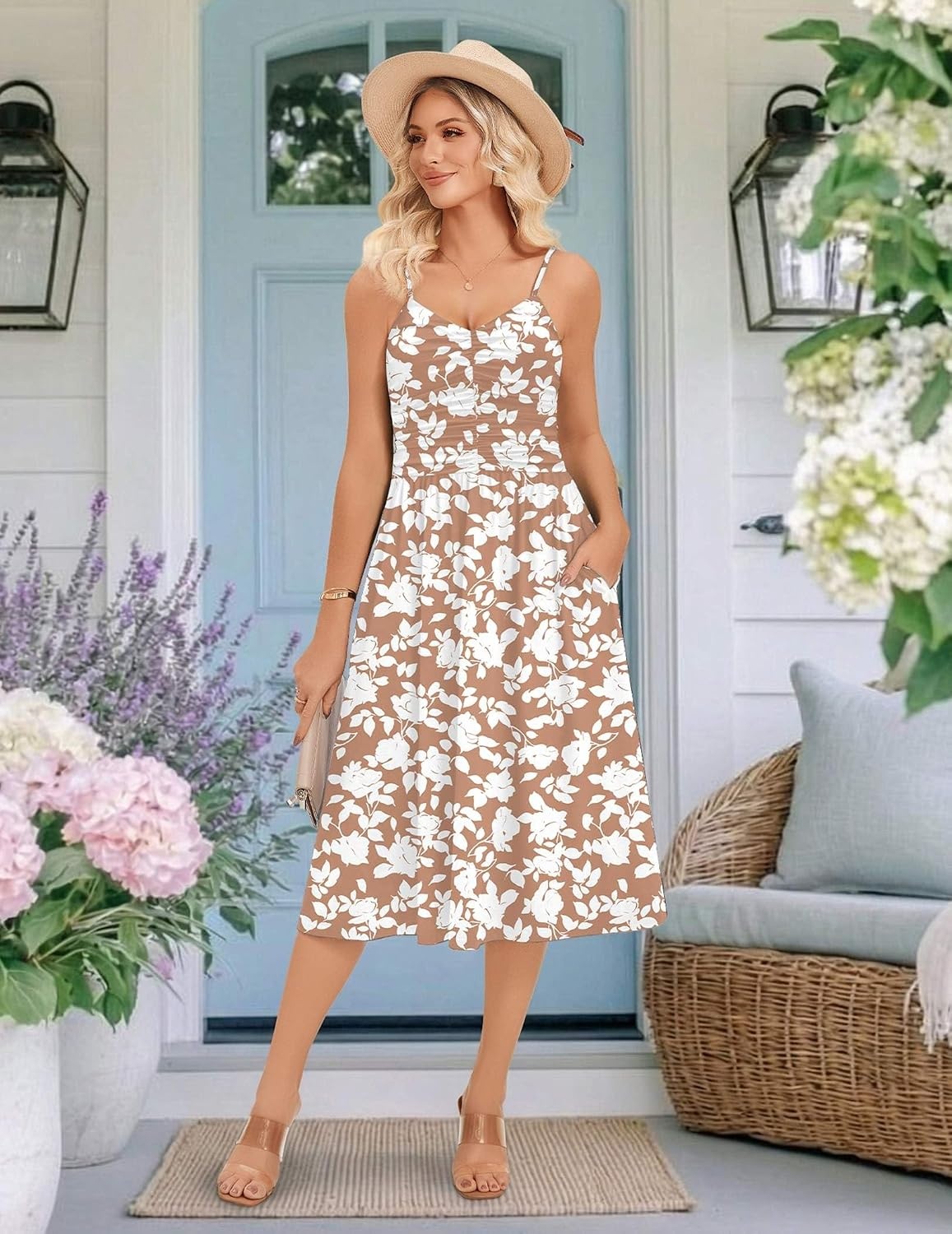 image:imageZeagoo Women 2026 Summer Adjustable Spaghetti Strap Sundress Casual Ruched Floral V Neck Midi Flowy Beach Dress with PocketsPink White Floral