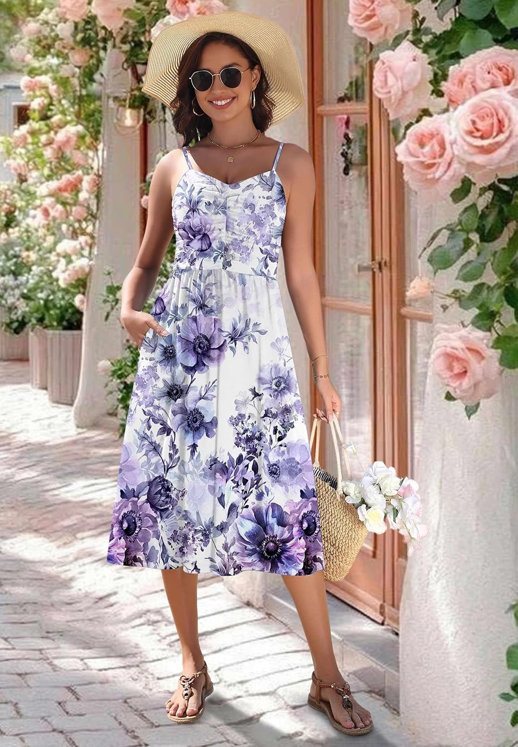 image:imageZeagoo Women 2026 Summer Adjustable Spaghetti Strap Sundress Casual Ruched Floral V Neck Midi Flowy Beach Dress with PocketsPurple Floral