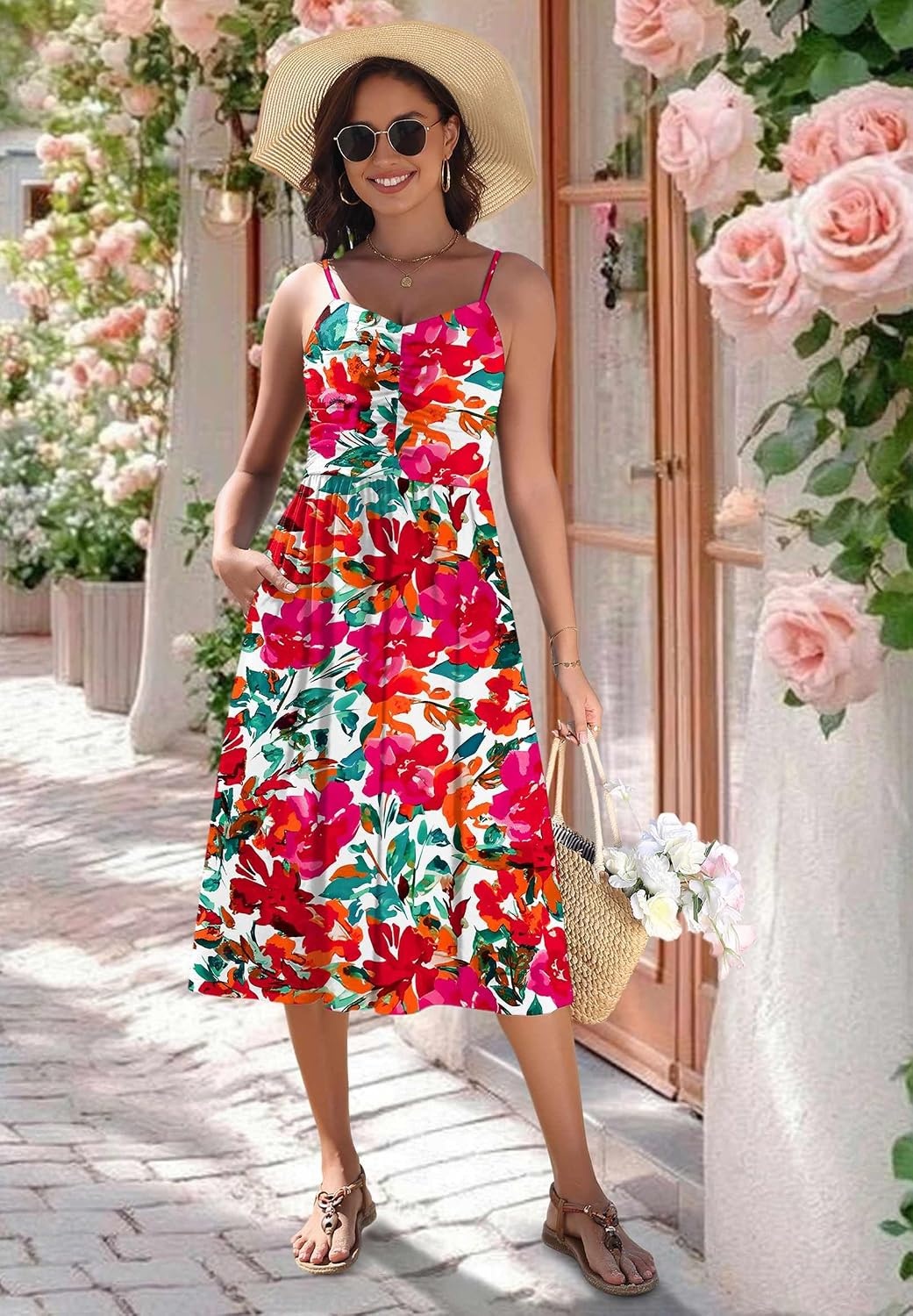 image:imageZeagoo Women 2026 Summer Adjustable Spaghetti Strap Sundress Casual Ruched Floral V Neck Midi Flowy Beach Dress with PocketsRed Floral