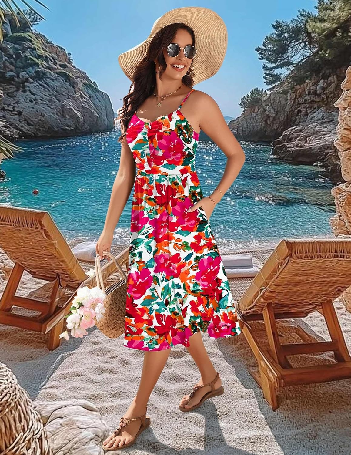 image:imageZeagoo Women 2026 Summer Adjustable Spaghetti Strap Sundress Casual Ruched Floral V Neck Midi Flowy Beach Dress with PocketsRed Floral