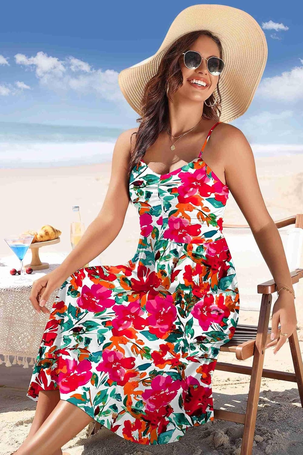 image:imageZeagoo Women 2026 Summer Adjustable Spaghetti Strap Sundress Casual Ruched Floral V Neck Midi Flowy Beach Dress with PocketsRed Floral