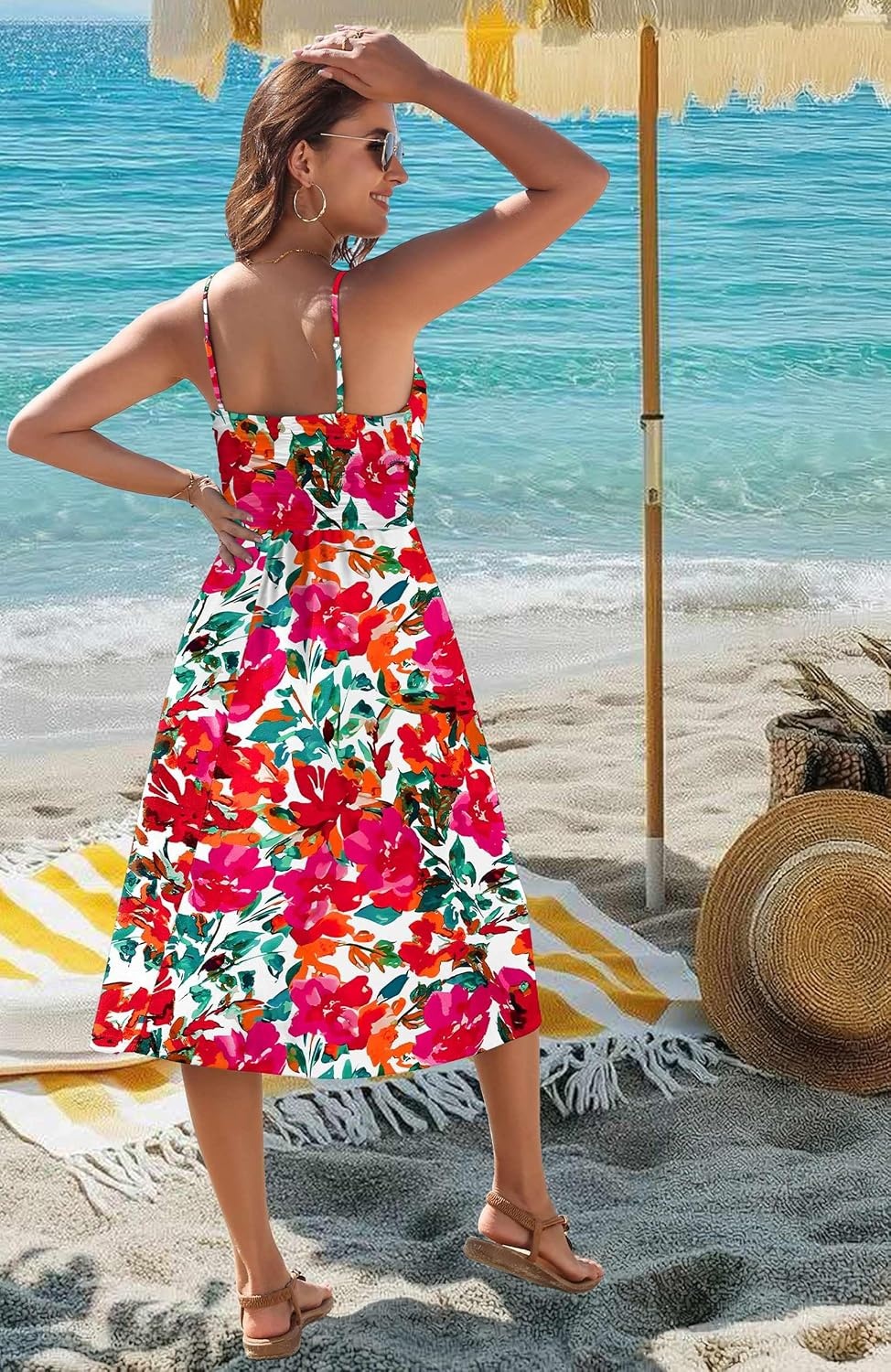 image:imageZeagoo Women 2026 Summer Adjustable Spaghetti Strap Sundress Casual Ruched Floral V Neck Midi Flowy Beach Dress with PocketsRed Floral
