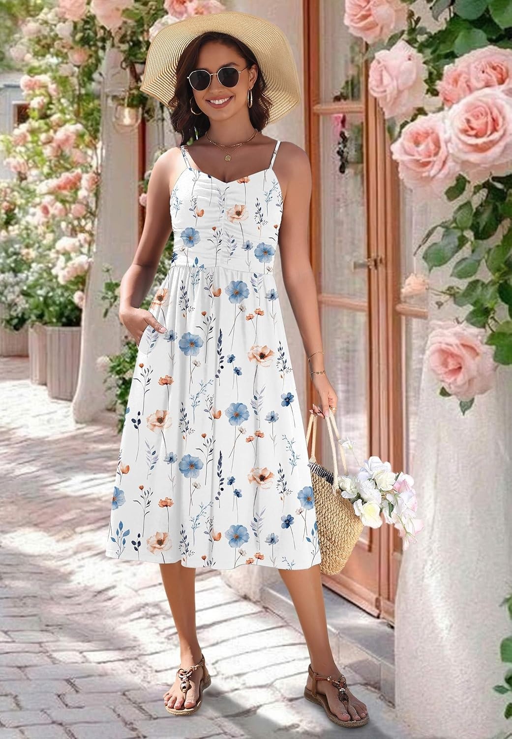 image:imageZeagoo Women 2026 Summer Adjustable Spaghetti Strap Sundress Casual Ruched Floral V Neck Midi Flowy Beach Dress with PocketsWhite Floral