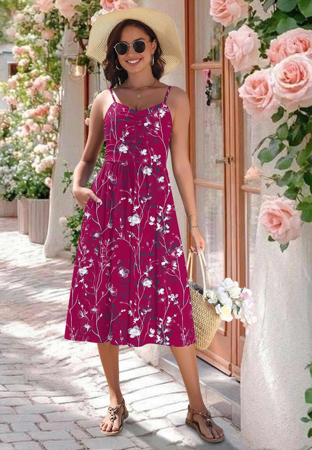 image:imageZeagoo Women 2026 Summer Adjustable Spaghetti Strap Sundress Casual Ruched Floral V Neck Midi Flowy Beach Dress with PocketsWine Red Floral