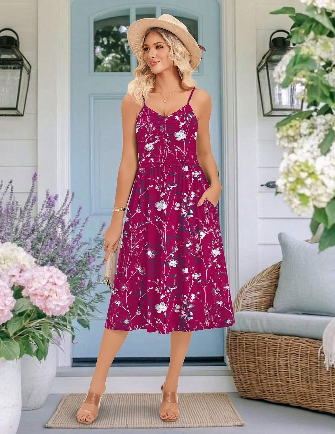 image:imageZeagoo Women 2026 Summer Adjustable Spaghetti Strap Sundress Casual Ruched Floral V Neck Midi Flowy Beach Dress with PocketsWine Red Floral