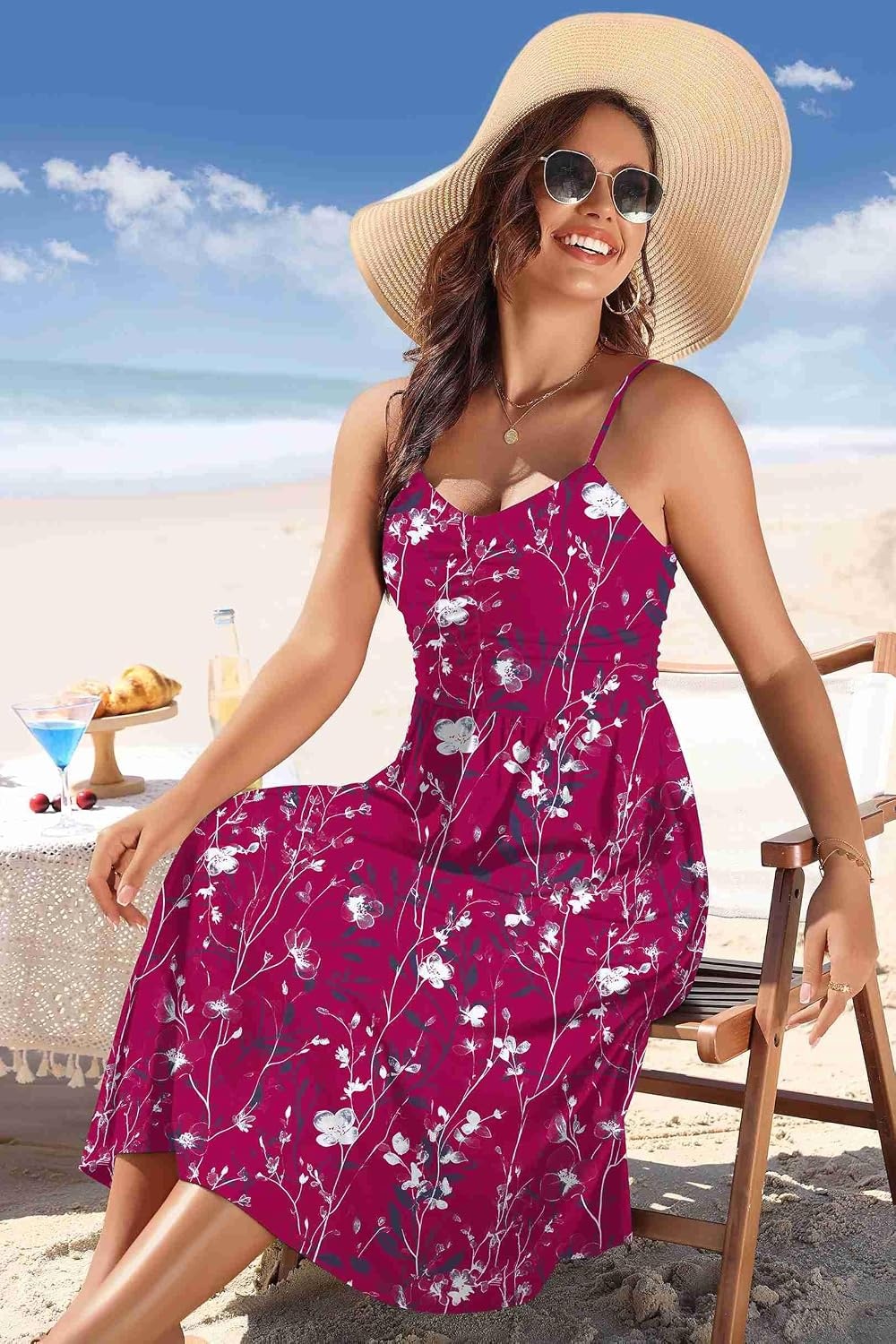 image:imageZeagoo Women 2026 Summer Adjustable Spaghetti Strap Sundress Casual Ruched Floral V Neck Midi Flowy Beach Dress with PocketsWine Red Floral