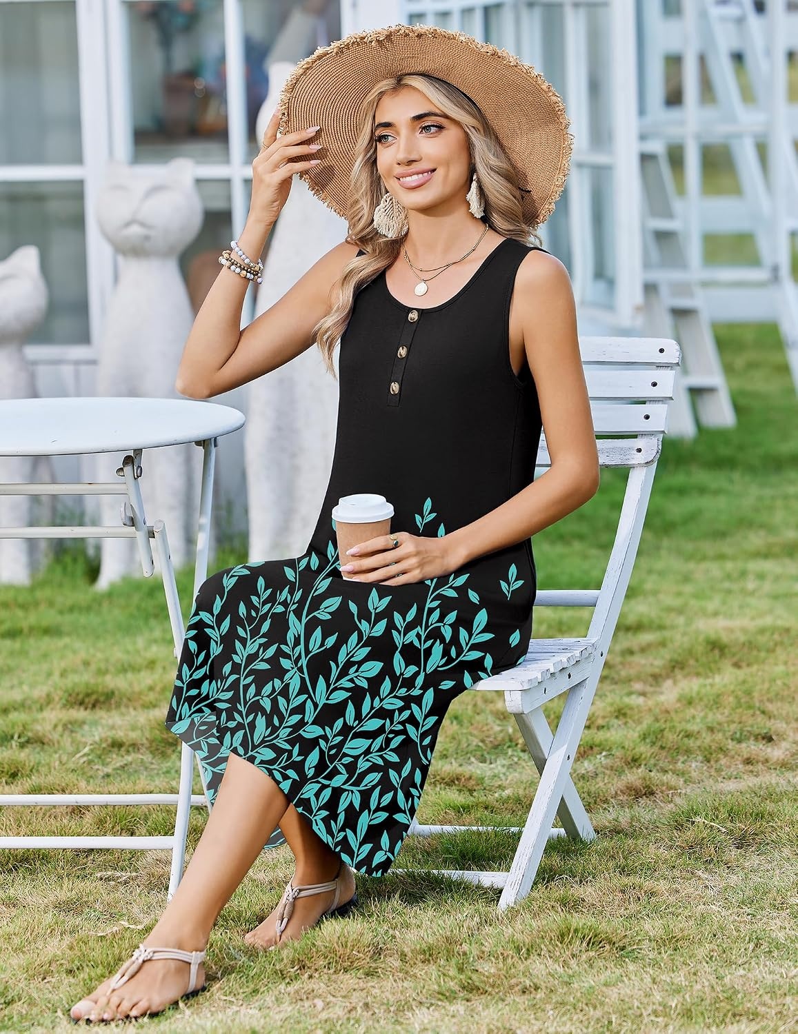 image:imageZeagoo Women Beach Summer Midi Dress 2026 Sleeveless Casual Beachy Sundress Button Down Loose Tank Dresses with PocketsBlack Green