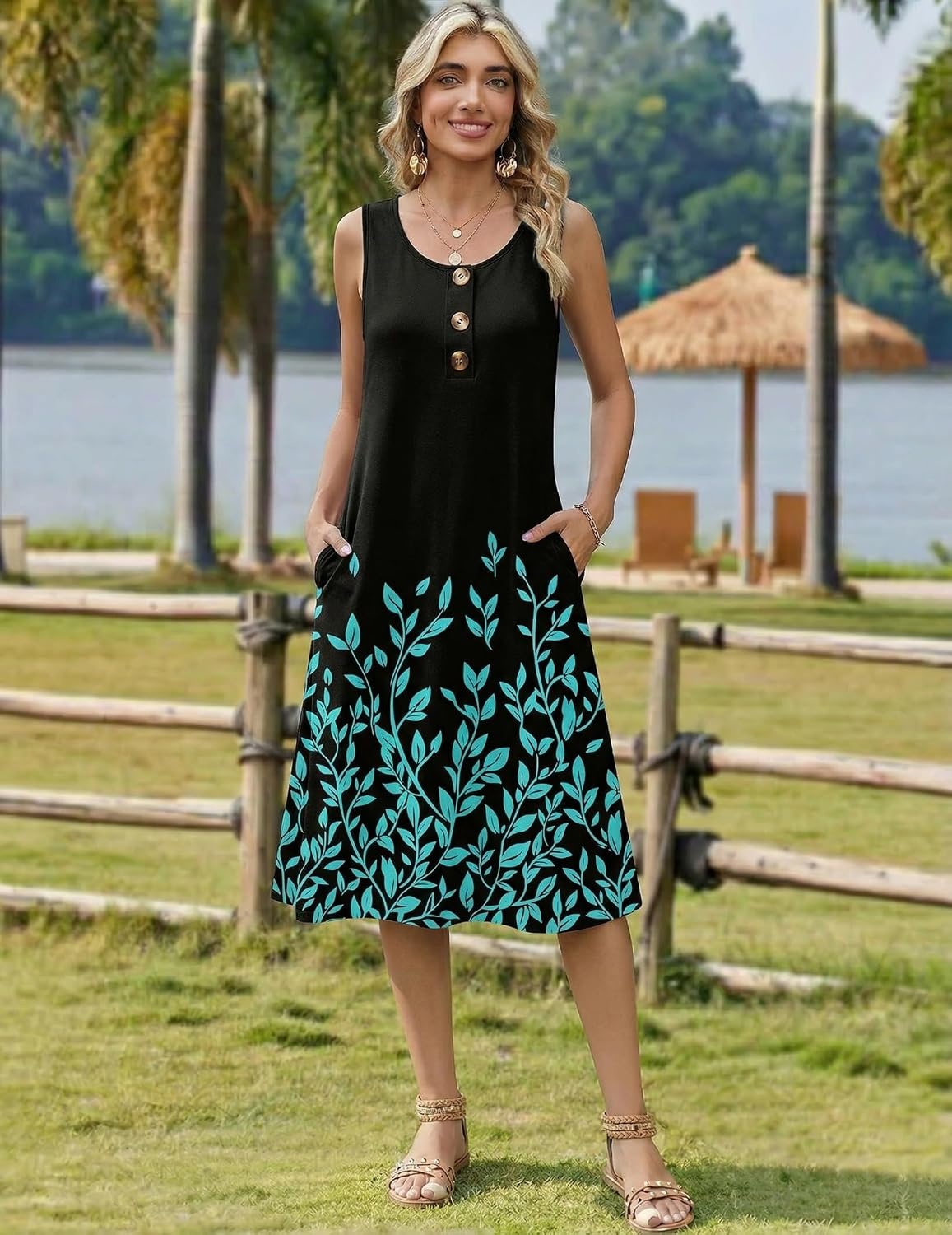 image:imageZeagoo Women Beach Summer Midi Dress 2026 Sleeveless Casual Beachy Sundress Button Down Loose Tank Dresses with PocketsBlack Green