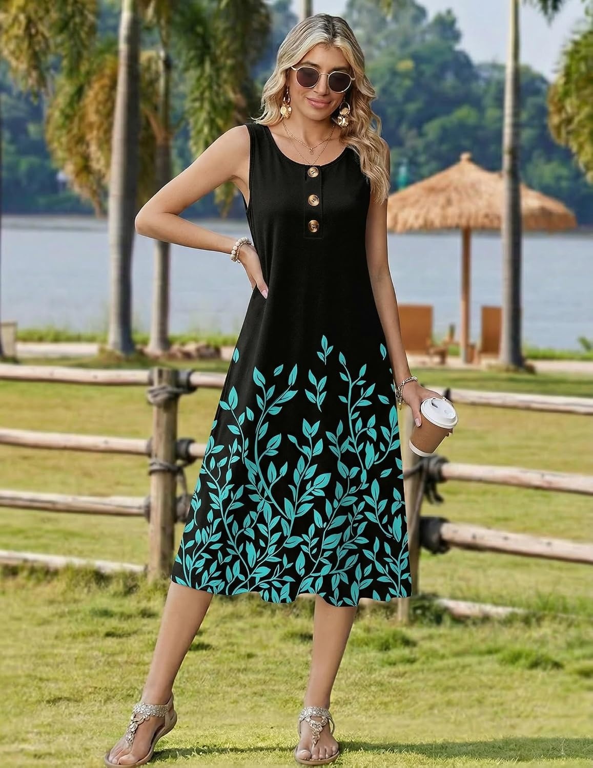image:imageZeagoo Women Beach Summer Midi Dress 2026 Sleeveless Casual Beachy Sundress Button Down Loose Tank Dresses with PocketsBlack Green