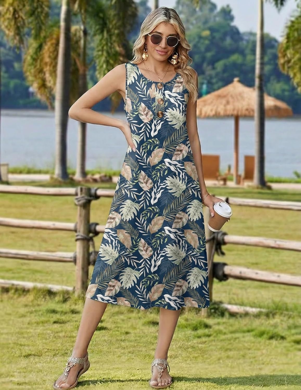 image:imageZeagoo Women Beach Summer Midi Dress 2026 Sleeveless Casual Beachy Sundress Button Down Loose Tank Dresses with PocketsBlue Leaves