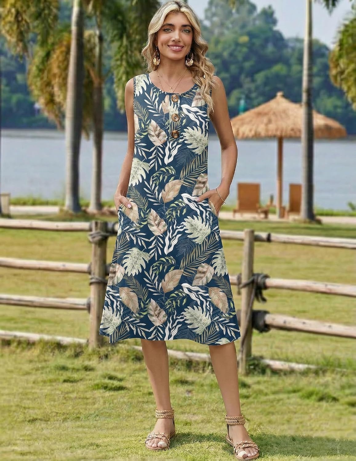 image:imageZeagoo Women Beach Summer Midi Dress 2026 Sleeveless Casual Beachy Sundress Button Down Loose Tank Dresses with PocketsBlue Leaves