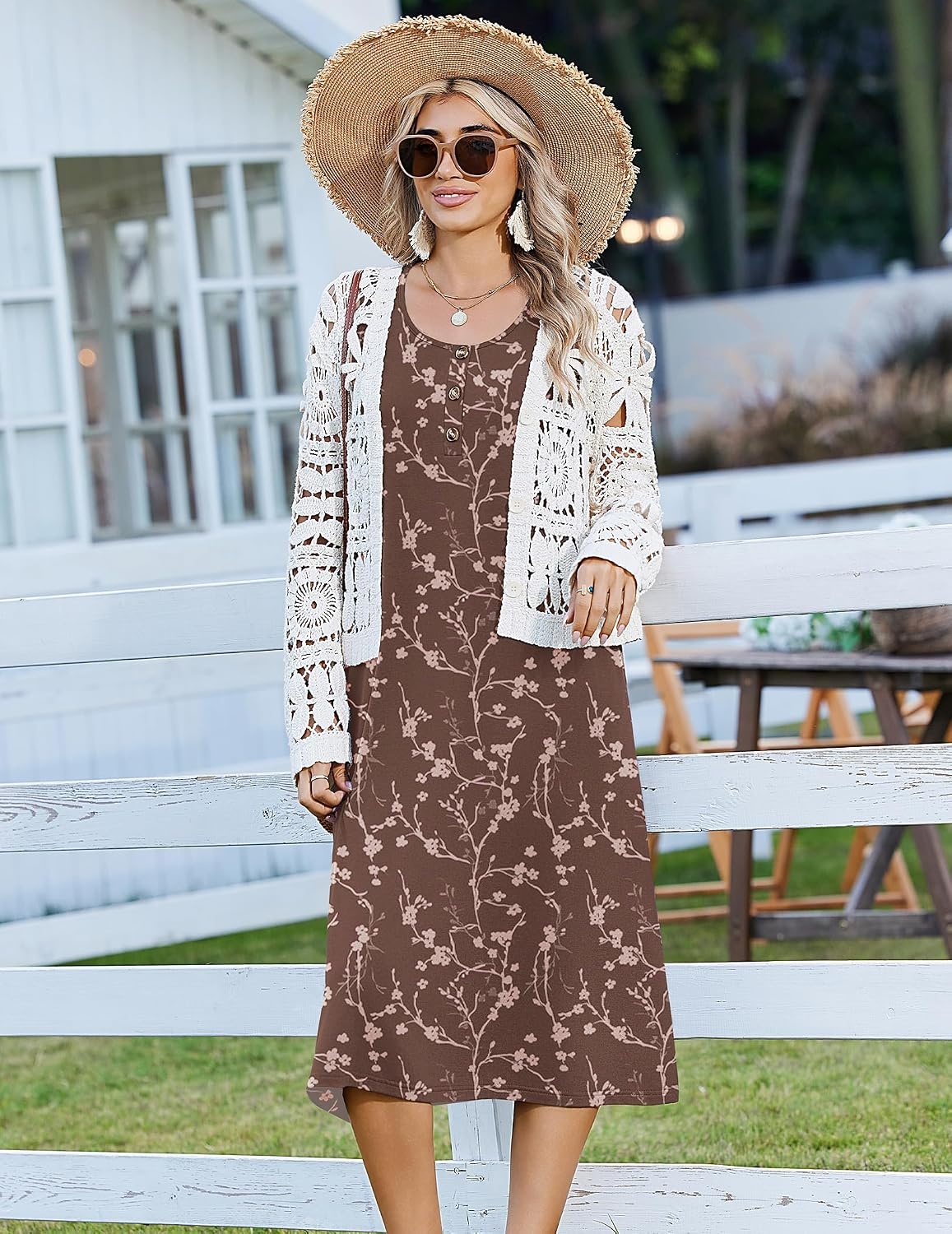 image:imageZeagoo Women Beach Summer Midi Dress 2026 Sleeveless Casual Beachy Sundress Button Down Loose Tank Dresses with PocketsCoffee